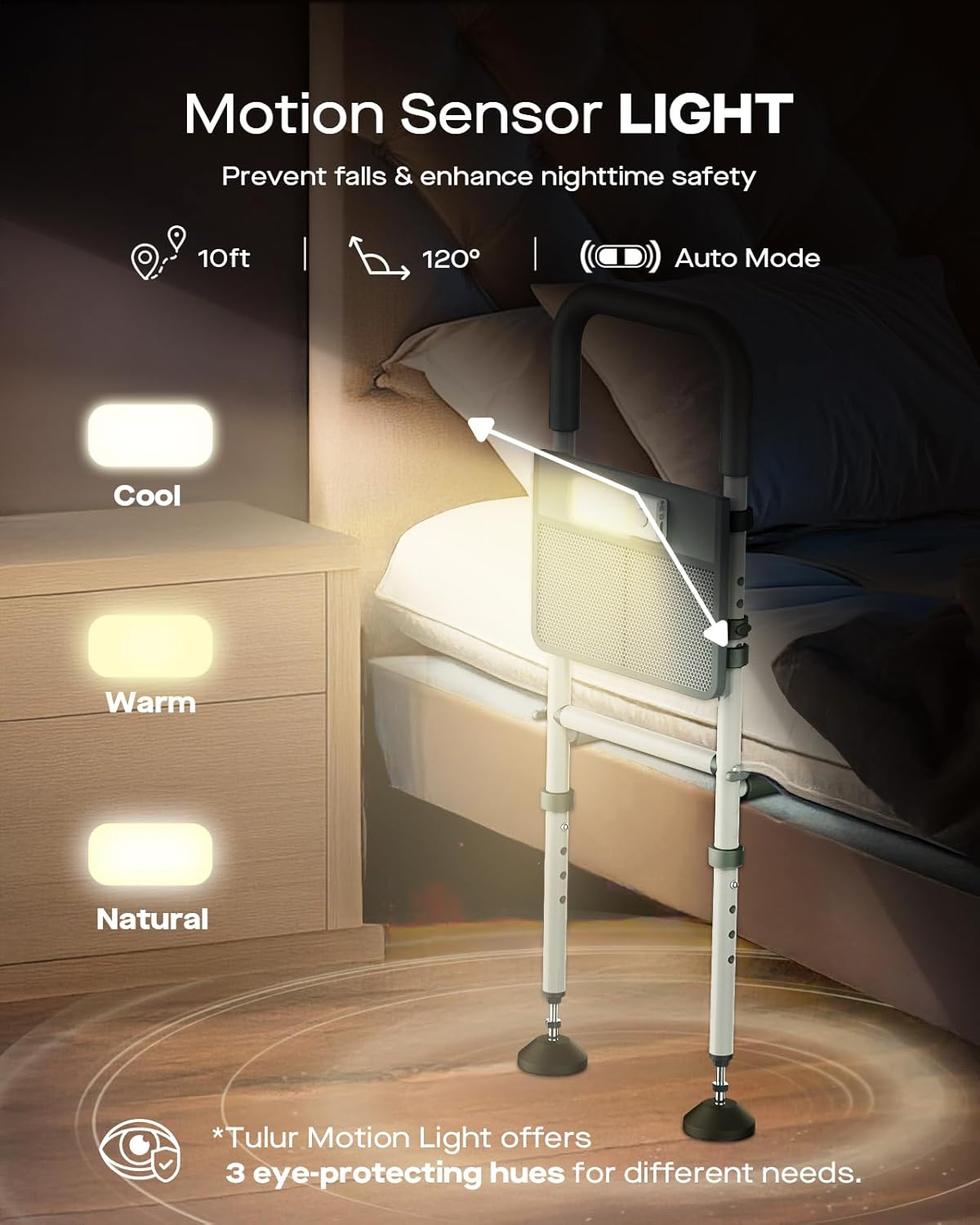 Bed Rails for Elderly Adults Safety, Adjustable Bed Assist Rail for Seniors with Motion Sensor LED Light & Storage Pocket, Non-Slip Handle Support Bar, Fits Twin/Full/Queen/King