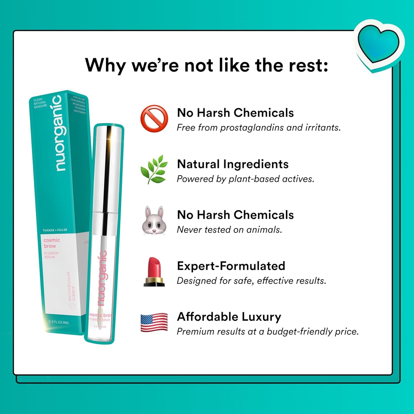 nuorganic 'Cosmic Brow' Eyebrow Serum for Growth | Natural Eye Brow Serum for Thicker, Longer, More Defined Brows | 4 Months Supply XL Size | Cruelty Free, Made in USA