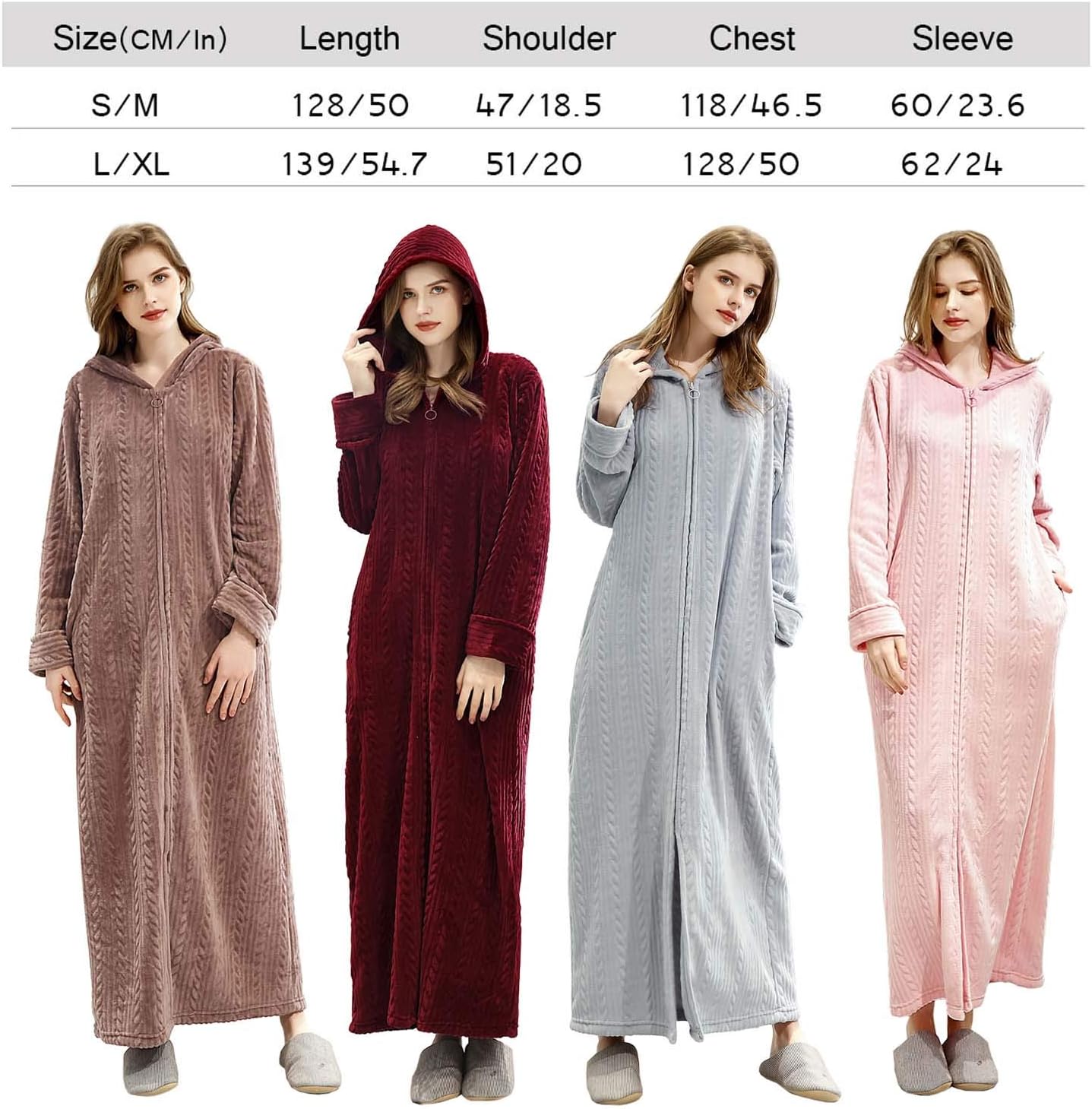 Hellomamma Long Hooded Zipper Bathrobe for Womens Flannel Fleece Robes Winter Warm Housecoat Nightgown Sleepwear Pajamas