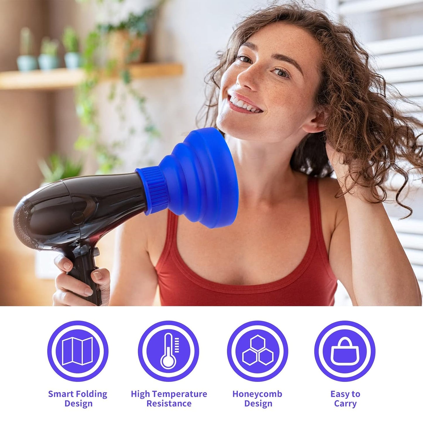 Foldable Blow Dryer Diffuser, Segbeauty Travel Hair-styling Hair Diffuser, Professional Dryer Diffuser Attachment for Natural Thick Curly Hair with Nozzle 1.54 to 1.69 inches - Blue