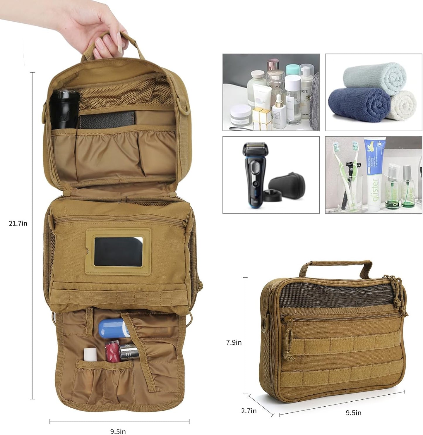SUNRISING Tactical Toiletry Bag for Men Hanging Travel Toiletries Organizer Dopp Kit Toiletry Bags Shaving Hygiene Bag, Durable Bathroom Essentials Men's Toiletry Bag for Short Trips Camping - Khaki