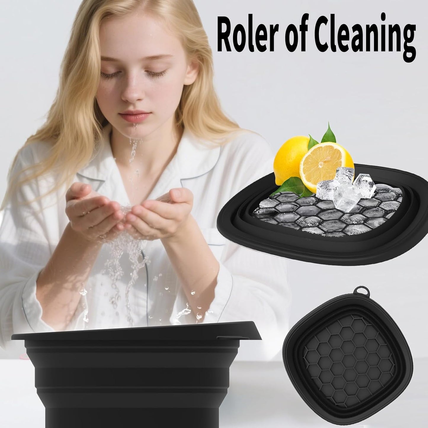 Face Bowl for Ice with Built-in IceTray,Collapsible Silicone Face Ice Bowl – Cold Plunge Therapy for Skin Tightening & Facial Treatment– Portable Spa Tool for Home & Travel（Black)