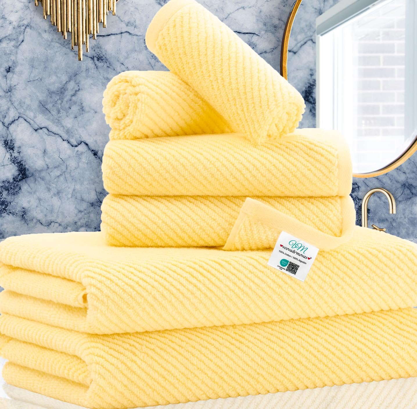 VOOVA & MOVAS Yellow Bath Towels - 100% Cotton | Quick Dry | Light Weight | Thick | Soft, 6 Piece Towel Set, 2 Large Bath 30"x56", 2 Hand 18"x28", 2 Washcloths 13"x13", Lemon Yellow Towel Gift Set