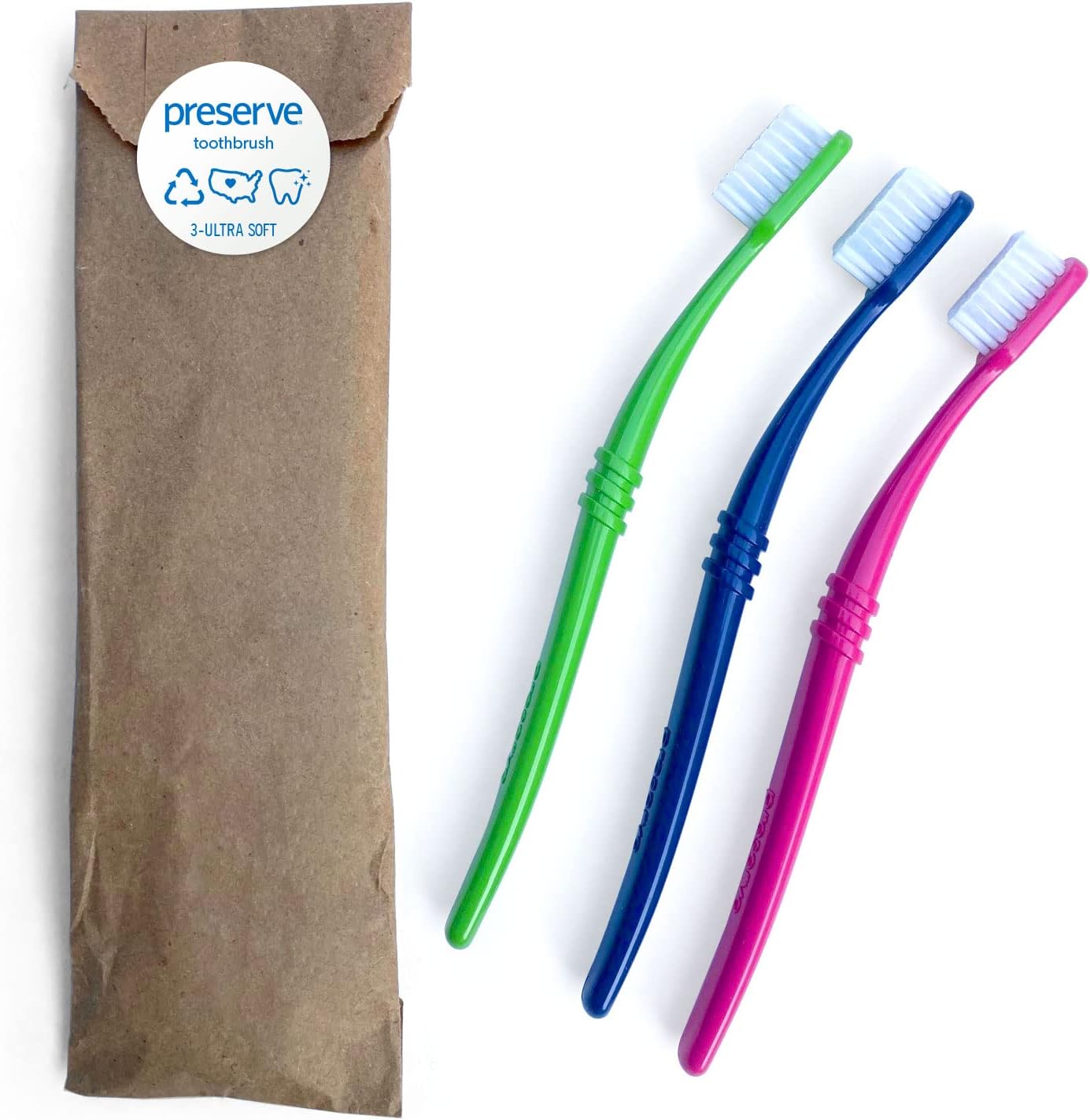 Preserve Eco Friendly Adult Toothbrushes, Made in The USA from Recycled Plastic, Lightweight Paper Packaging, Ultra Soft Bristles, Colors Vary, 3 Count