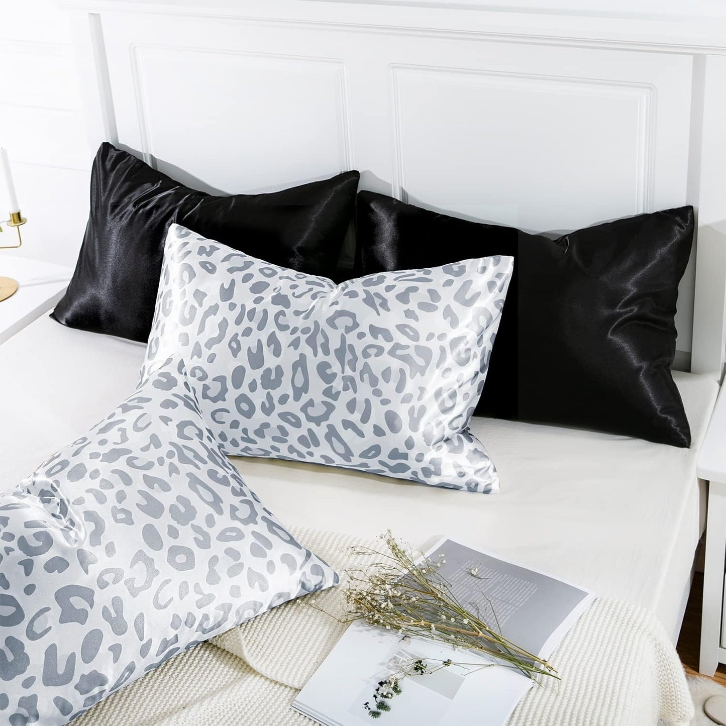 MR&HM Satin Pillowcase for Hair and Skin, Silk Satin Pillowcase 2 Pack, King Size Pillow Cases Set of 2, Silky Pillow Cover with Envelope Closure (20x36, Silver Leopard)