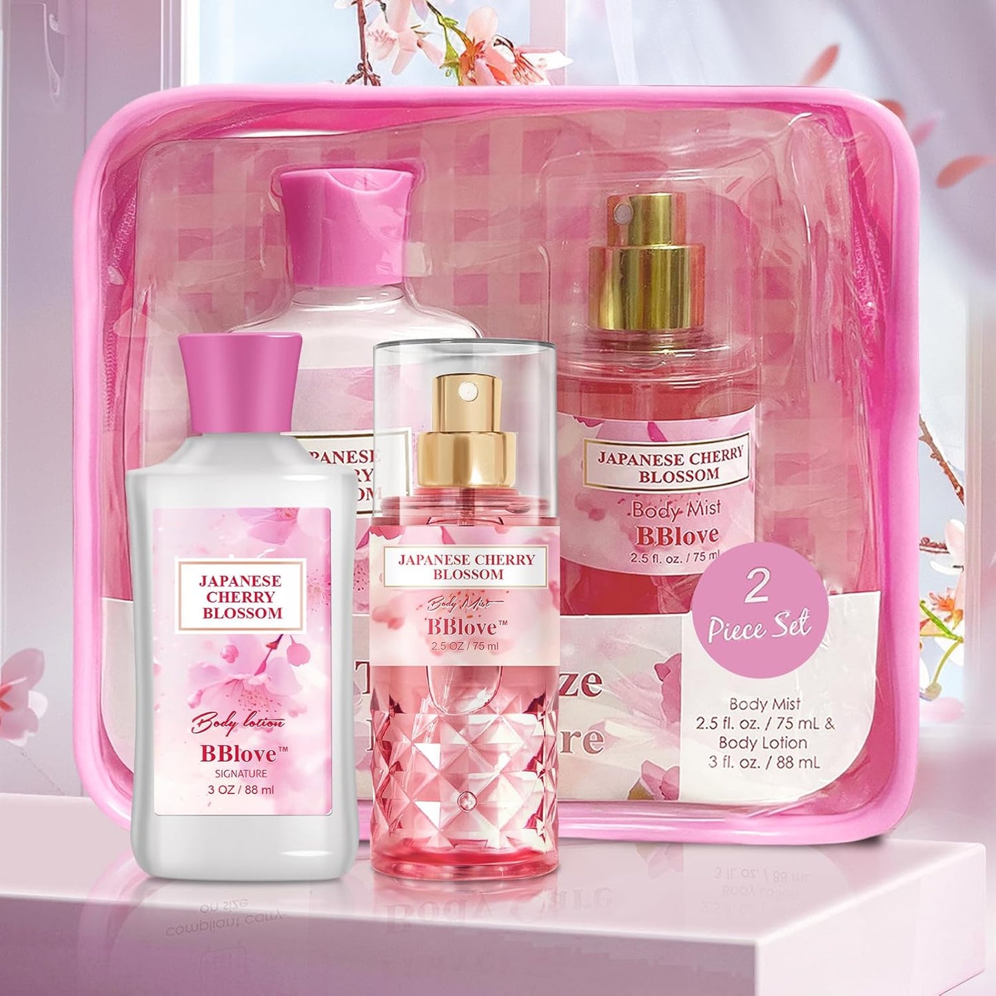 Japanese Cherry Blossom Bath and Body Gift Set - 2-Piece Travel Skincare Essentials (3oz Body Lotion + 2.5oz Fragrance Mist) Lightweight Hydrating Duo, Holiday Gift Set