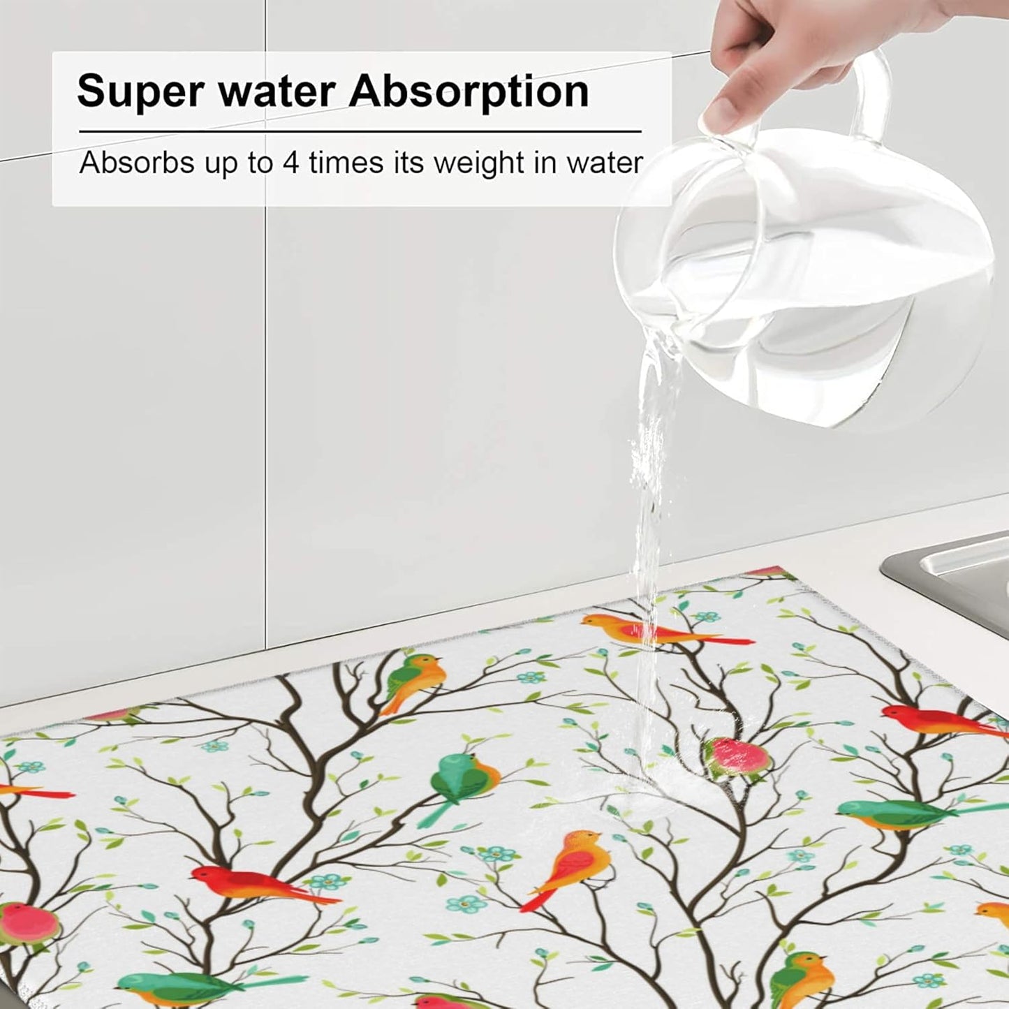 Birds on Tree Dish Drying Mat for Kitchen Counter Washable Absorbent Reversible Microfiber Cute Birds Drying Pad Kitchen Accessories 16x18 Inch