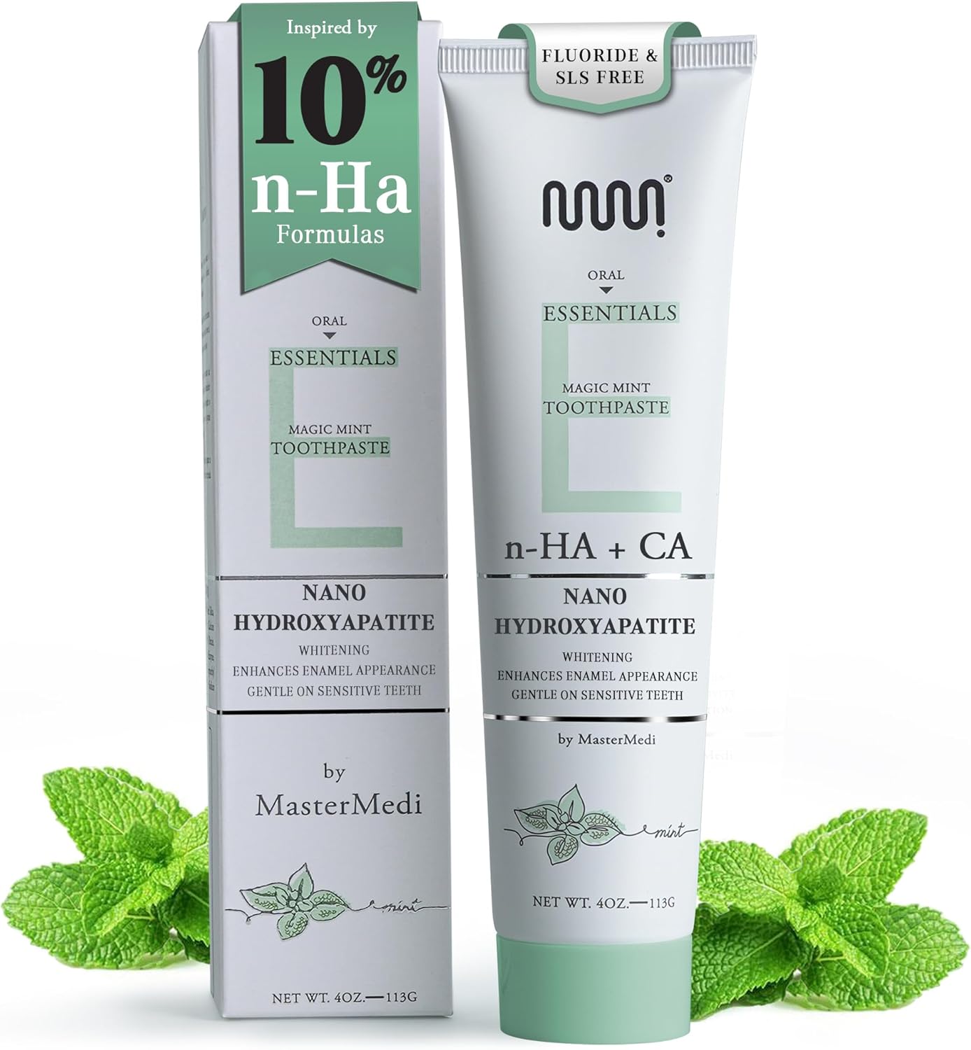 MasterMedi Nano Hydroxyapatite Toothpaste (Inspired by 10% nHA Formulas), Fluoride-Free, Whitening, Sensitive Teeth Care, Enamel Support, SLS Free, Xylitol, Magic Mint, 4 Oz (Pack of 1)