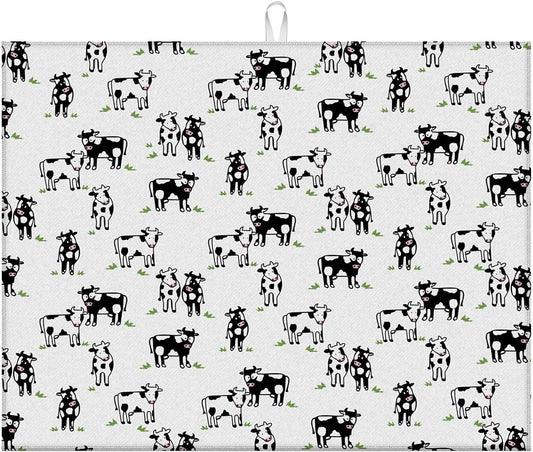 Dish Drying Mat For Kitchen Counter, Cute Cows Microfiber Absorbent Dish Drainer Rack Pad Reusable Large 18x24in Drying Mat