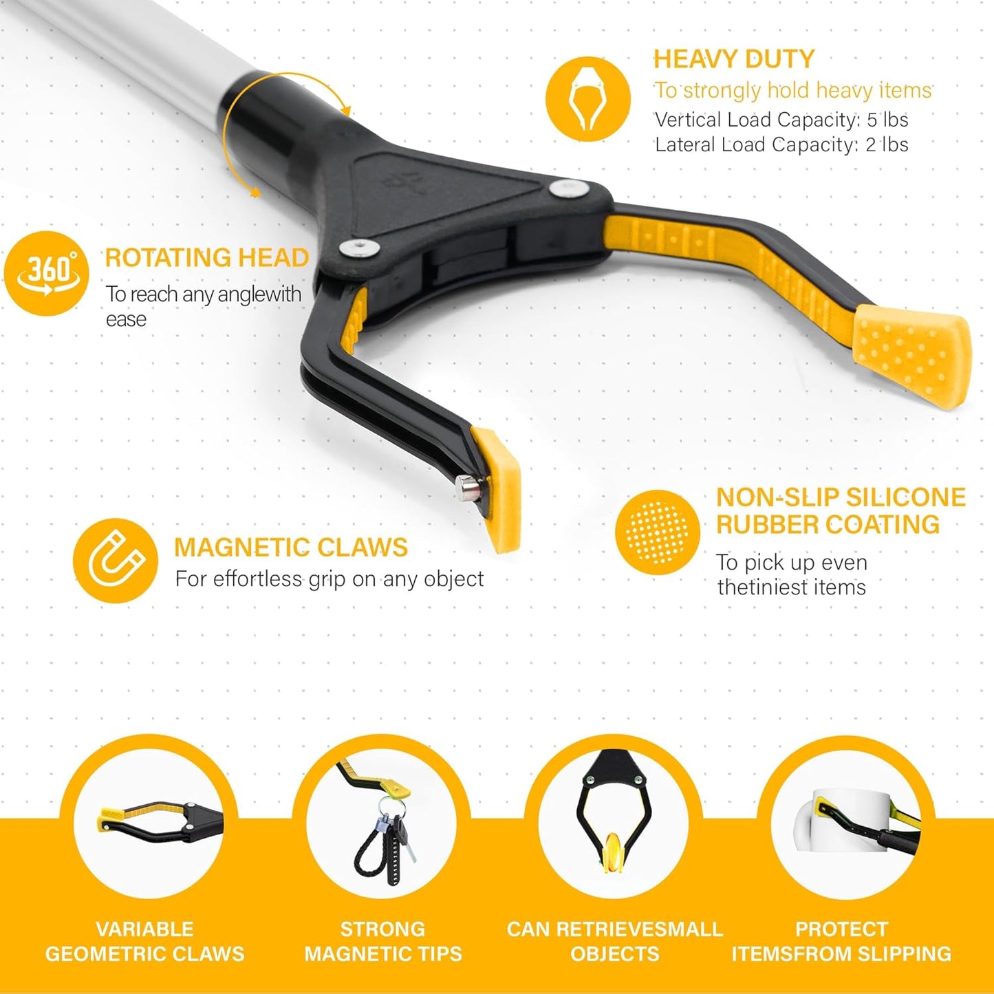 32" Foldable GrabRunner Reacher Grabber with Strong Magnetic Tip(Yellow)