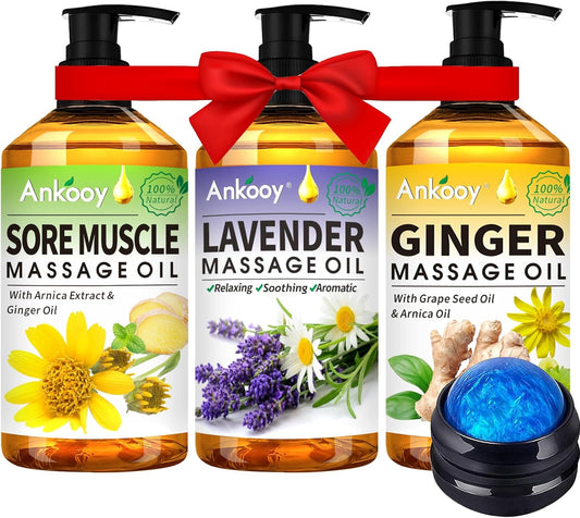 Stocking Stuffers for Men Women-3 Pack Massage Oil for Massage Therapy,Sore Muscle Arnica Oil & Relaxing Lavender Oil & Ginger Oil Lymphatic Drainage & Massage Ball,Massage Kit Mens Christmas Gifts