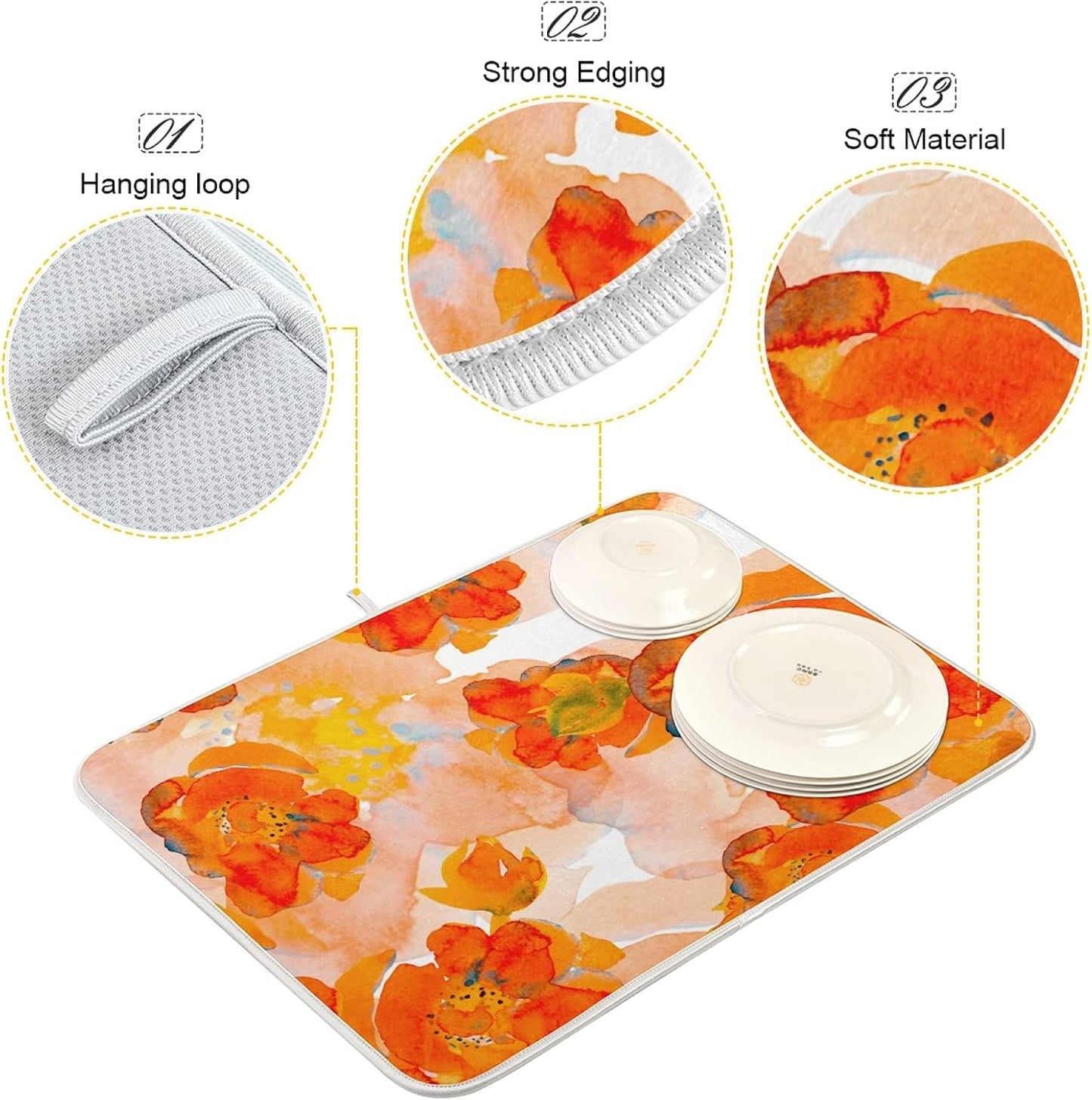 Corn Poppy Orange Flower Microfiber Dish Drying Mat 18'' x 24'' for Kitchen Counter Drying Pad Dish Drainer Mats Absorbent Dish Draining Mat Extra Large
