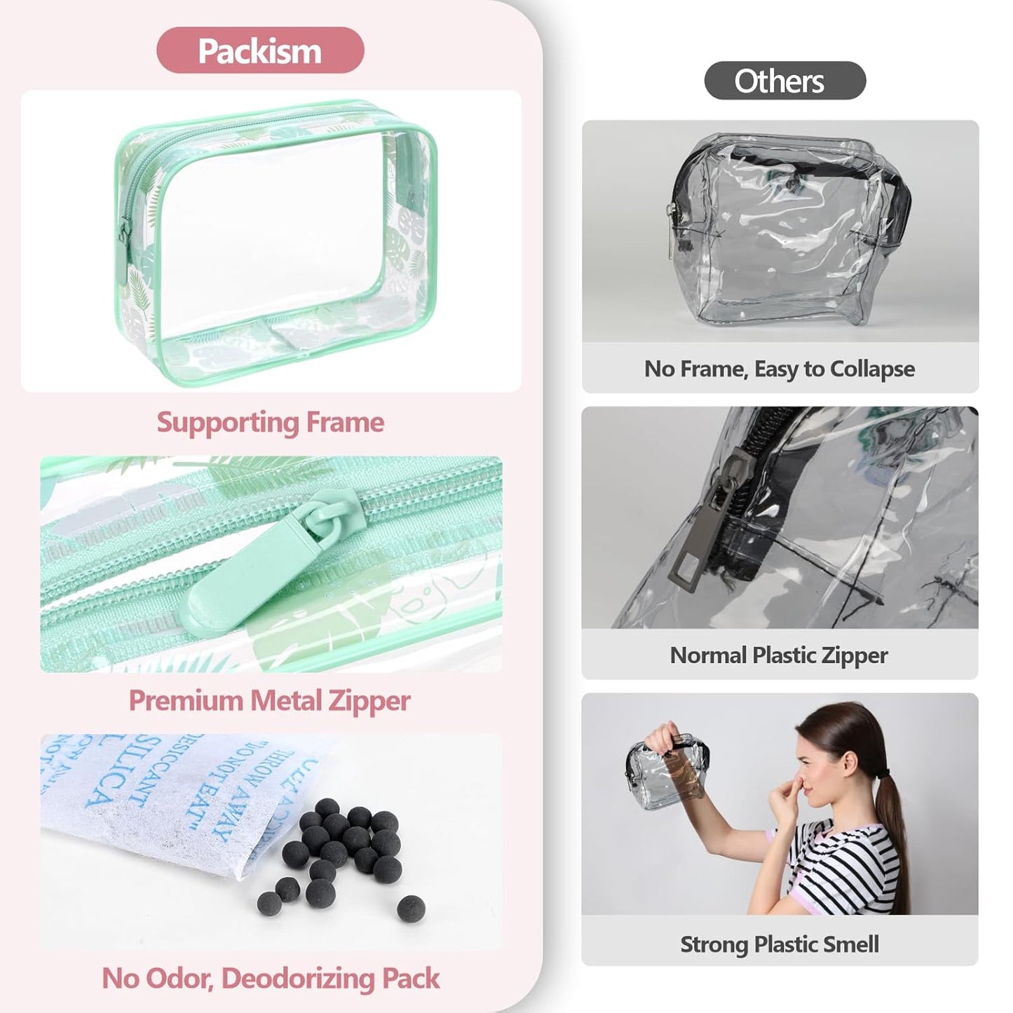 PACKISM TSA Approved Toiletry Bag - Light Green Turtle Leaves Print Clear Toiletry Bags, Suitable for Gifts, with Supporting Frame, Perfect for Travel Essentials, Thick No Smell