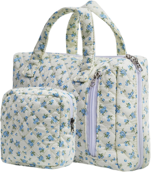 Cute Quilted Floral Makeup Bag(2Pcs)，Coquette Aesthetic Cosmetic Bag，Travel Toiletry Bags， Kawaii Aesthetic pouch for Women (13-Blue)