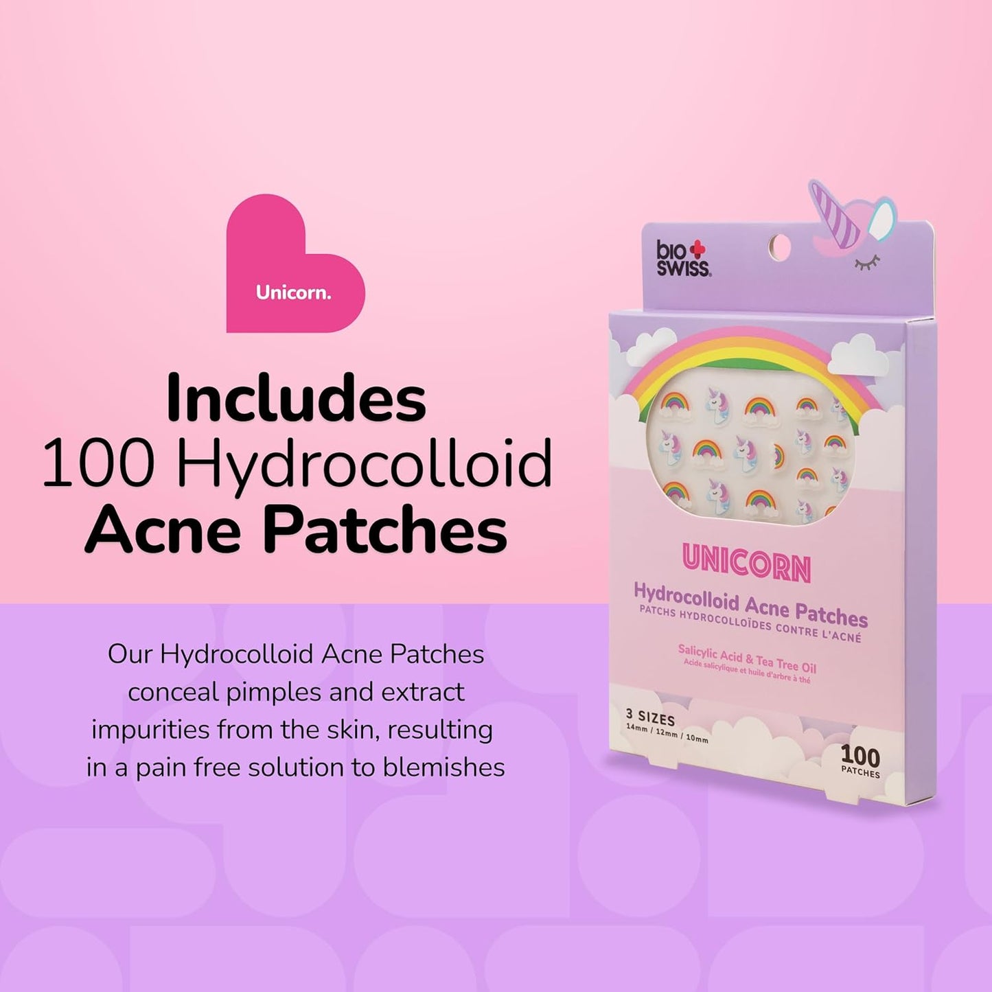 BioSwiss Pimple Patches, Rainbow Unicorn Patch for Zits and Blemishes, Hydrocolloid Spot Stickers for Face and Skin, 100 Count