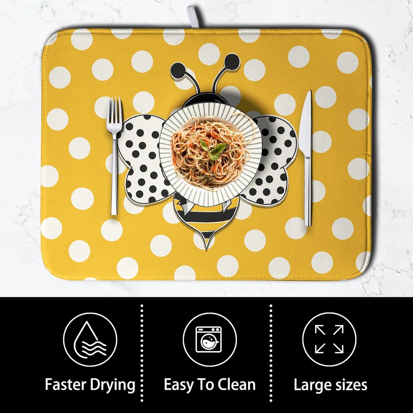 Bee Dish Drying Mat for Kitchen Counter 18x24 Inch Yellow Bumblebee Polka Dots Dishes Pad Cute Honey Bees Dish Draining Microfiber Absorbent Dish Drainer Rack Mat Large Kitchen Accessories