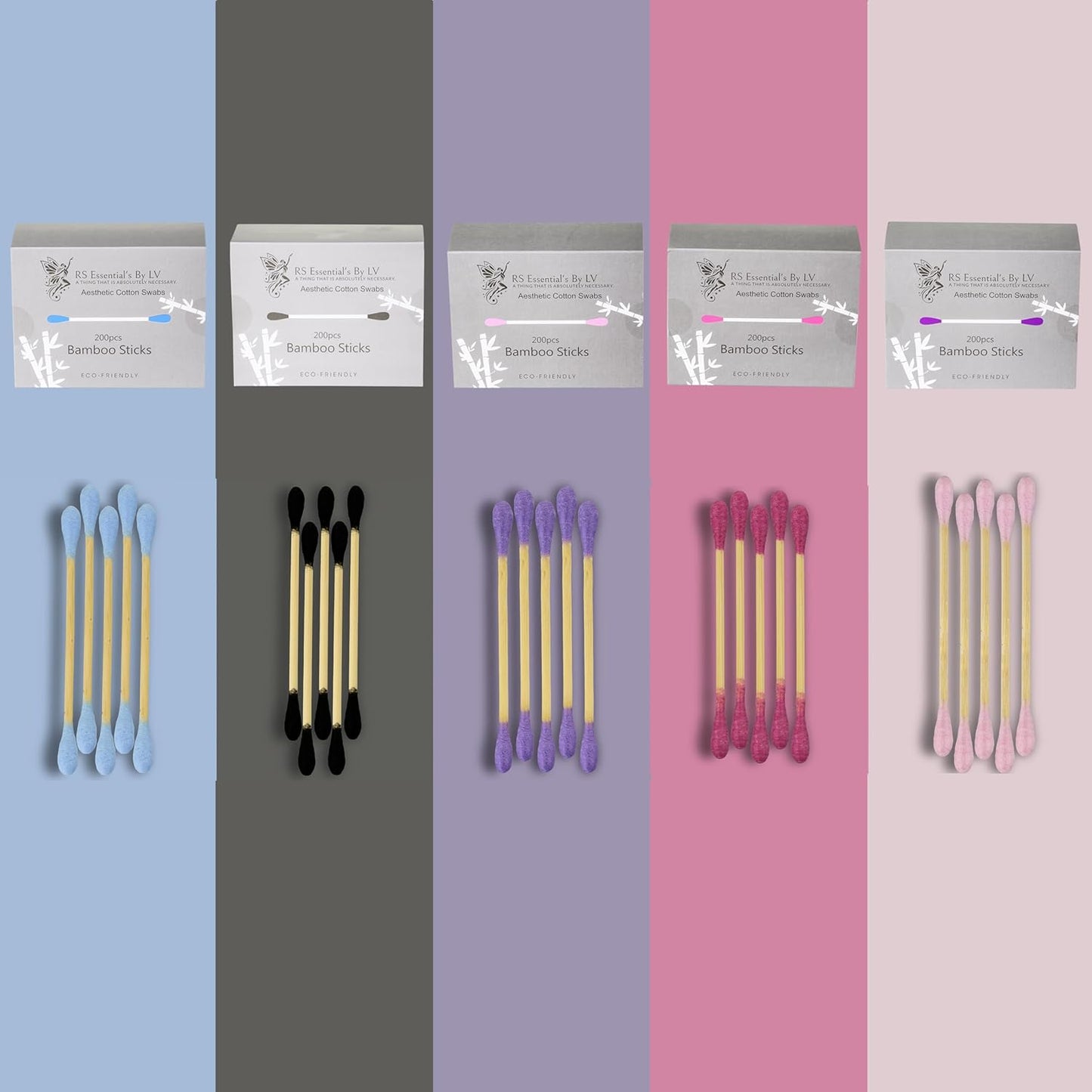 RS ESSENTIAL'S BY LV: Aesthetic Cotton Swabs Sticks Ear Swabs Bamboo swabs 200 Count Cotton Buds In 5 Colorful Colors (Purple)