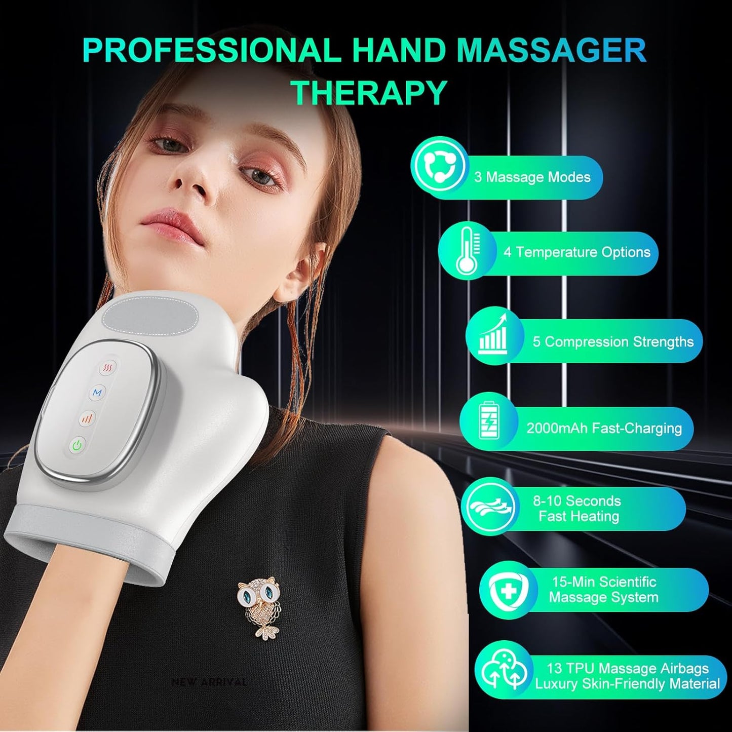 Professional Hand Massager with Heat Compression Therapy, 3 Massage 4 Temperatures 5 Compression Pain Relief Glove, Arthritis & Wrist Carpal Tunnel Neuropathy Circulation, Gifts for Women/Men