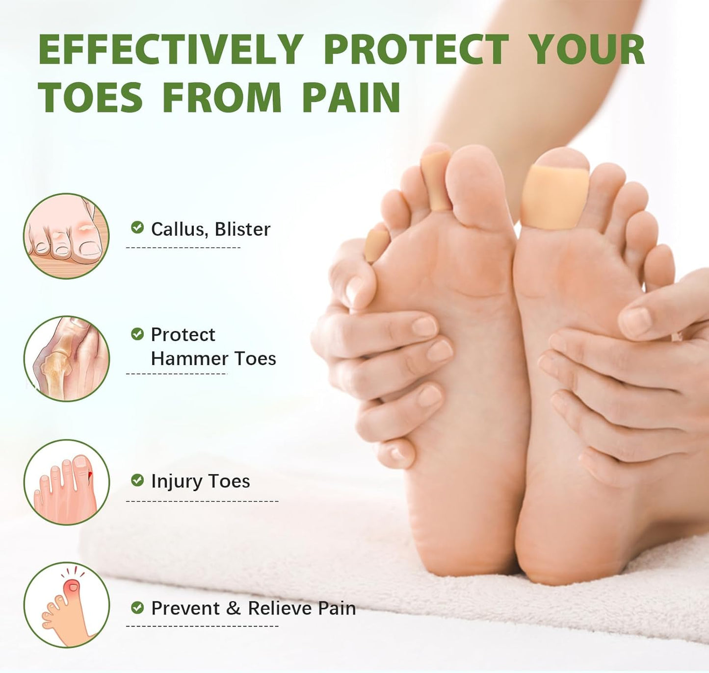 Bukihome Silicone Toe Protectors – 14 Pack Silicone Toe Sleeve for Hammer Toes, Corns, Calluses, Blisters – Soft Gel Protector Toe Cushions for Pain Relief (Beige, Multi-Size)