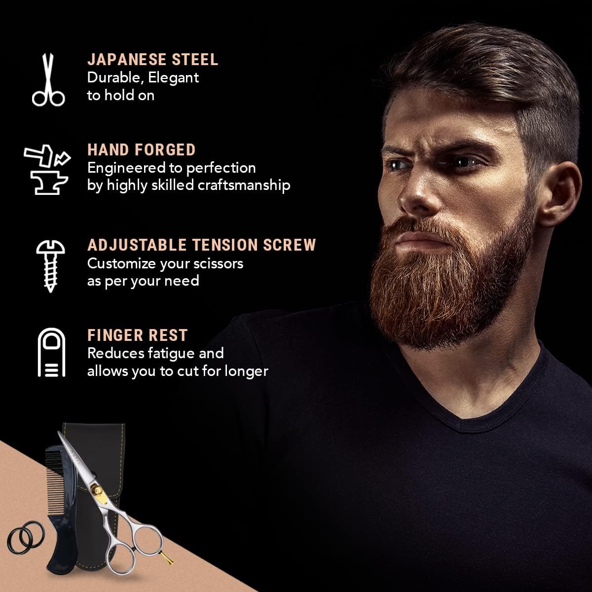 Ontaki Japanese Steel Beard & Hair Shears - Silver, 5.5 in - Precision Sharp Blades for Professional Hair Scissors - Rounded Tips for Mustache Scissors for Men - Finger Rest for Shears for Beard