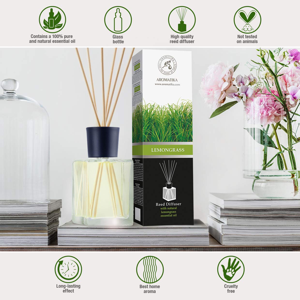 Lemongrass Reed Diffuser w/Natural Essential Lemongrass Oil 17 Fl Oz (500ml) - Intensive - Fresh and Long Lasting Fragrance - Scented Reed Diffuser - Diffuser Gift Set w/Bamboo Sticks