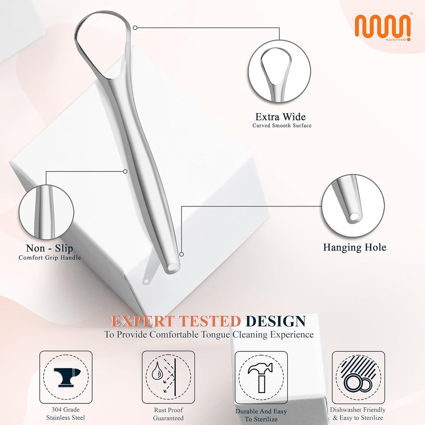 MasterMedi Tongue Scraper with Multicolor Cases (2 Pack), 100% Stainless Steel, Reduce Bad Breath, Easy to Use Tongue Scraper for Adults, Tongue Cleaner for Oral Care & Hygiene