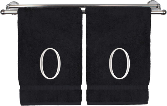 Monogrammed Hand Towel, Personalized Initial Gift, Extra Absorbent 100% Turkish Cotton - Soft Terry Finish - Set of 2 - White Block Initial O - Embroidered on Black Towels