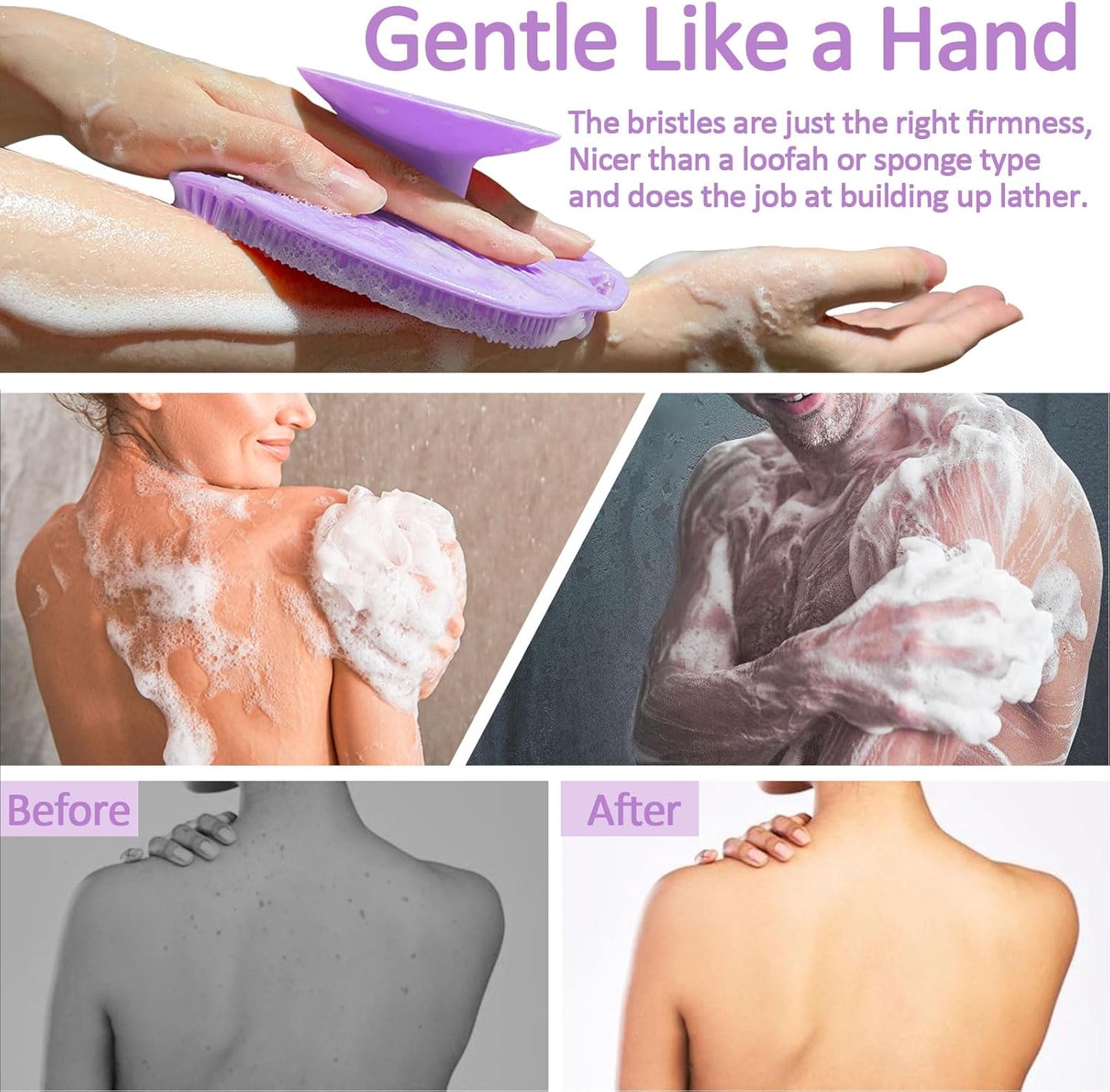 Soft Silicone Body Scrubber, Gentle Like a Hand Exfoliating Your Skin and Build Up Lather Easily, Back Large Suction Cup Easy to Store, Long-Lasting & Deep Clean (Purple)