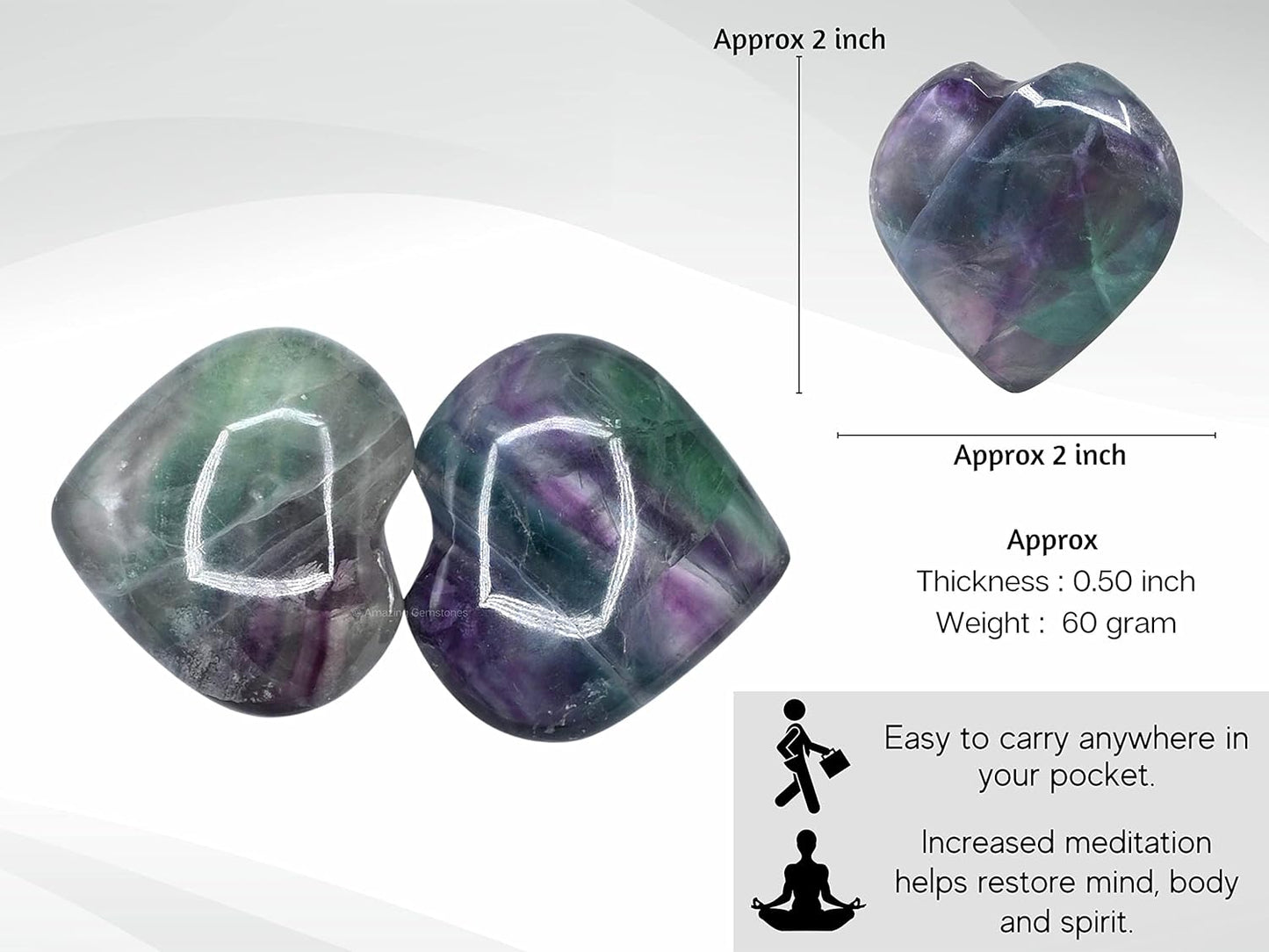 Amazing Gemstone Purple Fluorite Crystal Heart Palm Stone - Pocket Massage Worry Stone for Natural Body Chakra Balancing, Reiki Healing and Crystal Grid