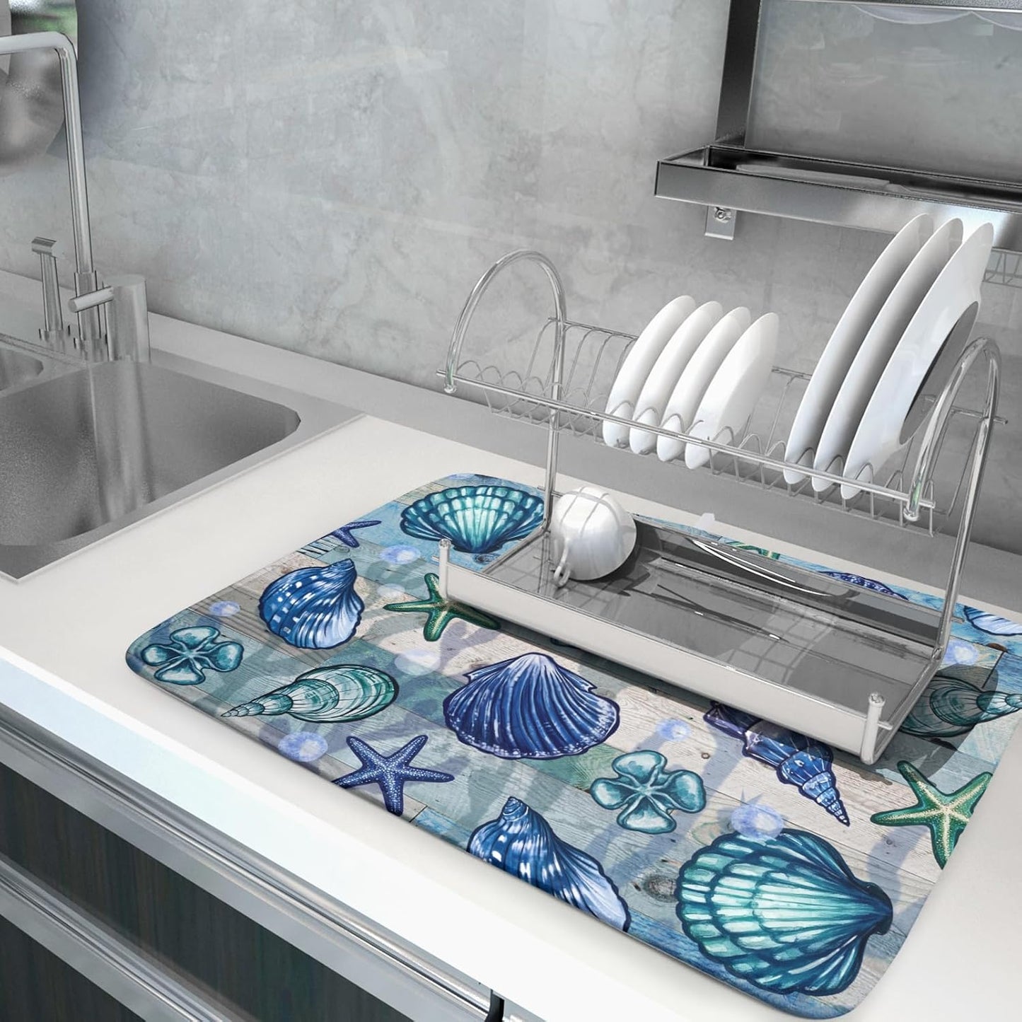 Starfish Seashell Dish Drying Mat 18x24 inch Coastal Beach Dish Drainer Rack Pad Absorbent Microfiber Fast Dry Kitchen Counter Accessories