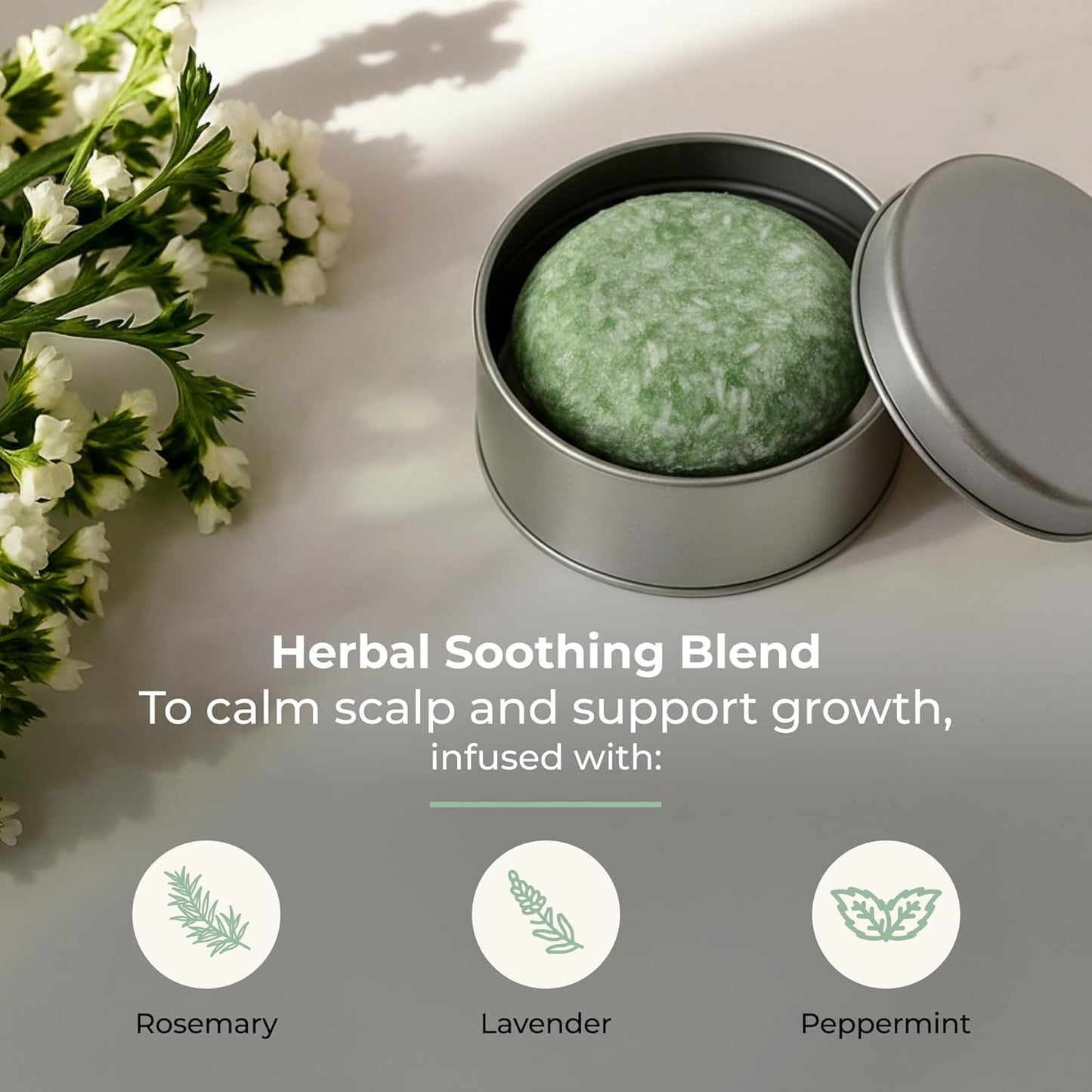 Bloom Shampoo Bar, Vegan Solid Hair Cleanser with Rosemary, Lavender and Peppermint, for Hair Growth and Scalp Health, Zero Waste, Travel-Friendly, Clean Beauty