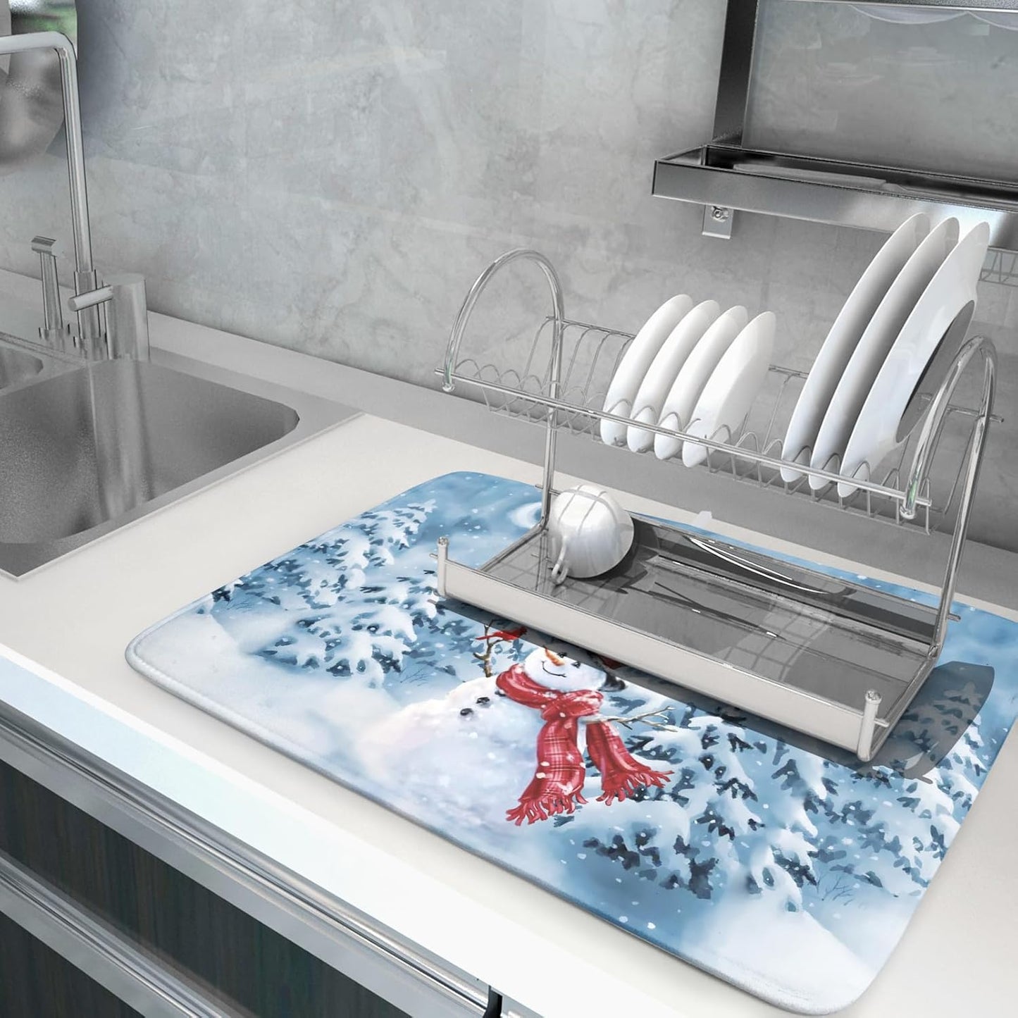 Blue Snowman Dish Drying Mat Winter Pine Tree Drainer Rack Mats 18x24 Inch Absorbent Fast Dry Dish Pad Protector Kitchen Counter Accessories