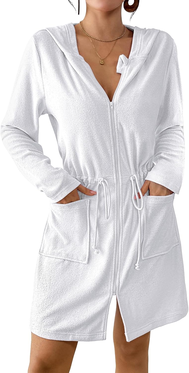 Bsubseach Terry Cloth Cover Up - Women Zip Up Long Sleeve Swimsuit Coverup Hooded Bath Robes with Pockets