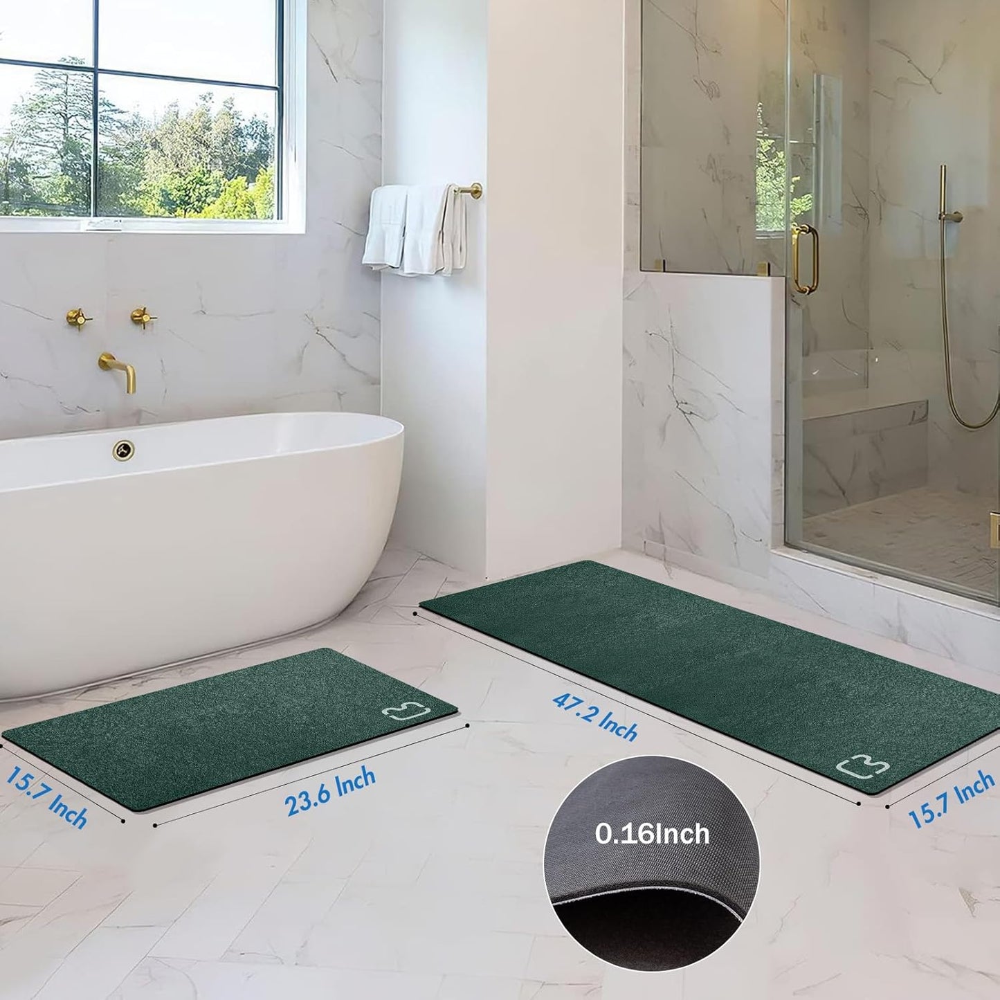 2 Piece Bathroom Rugs Mat Set - Quick Dry Diatomaceous Earth Bath Mat for Bathroom Non-Slip Bath Rug with Rubber Backing, Absorbent Bath Mats Thin Bath Floor Mat,15.7x23.6+15.7x47.2 Inch, Dark Green