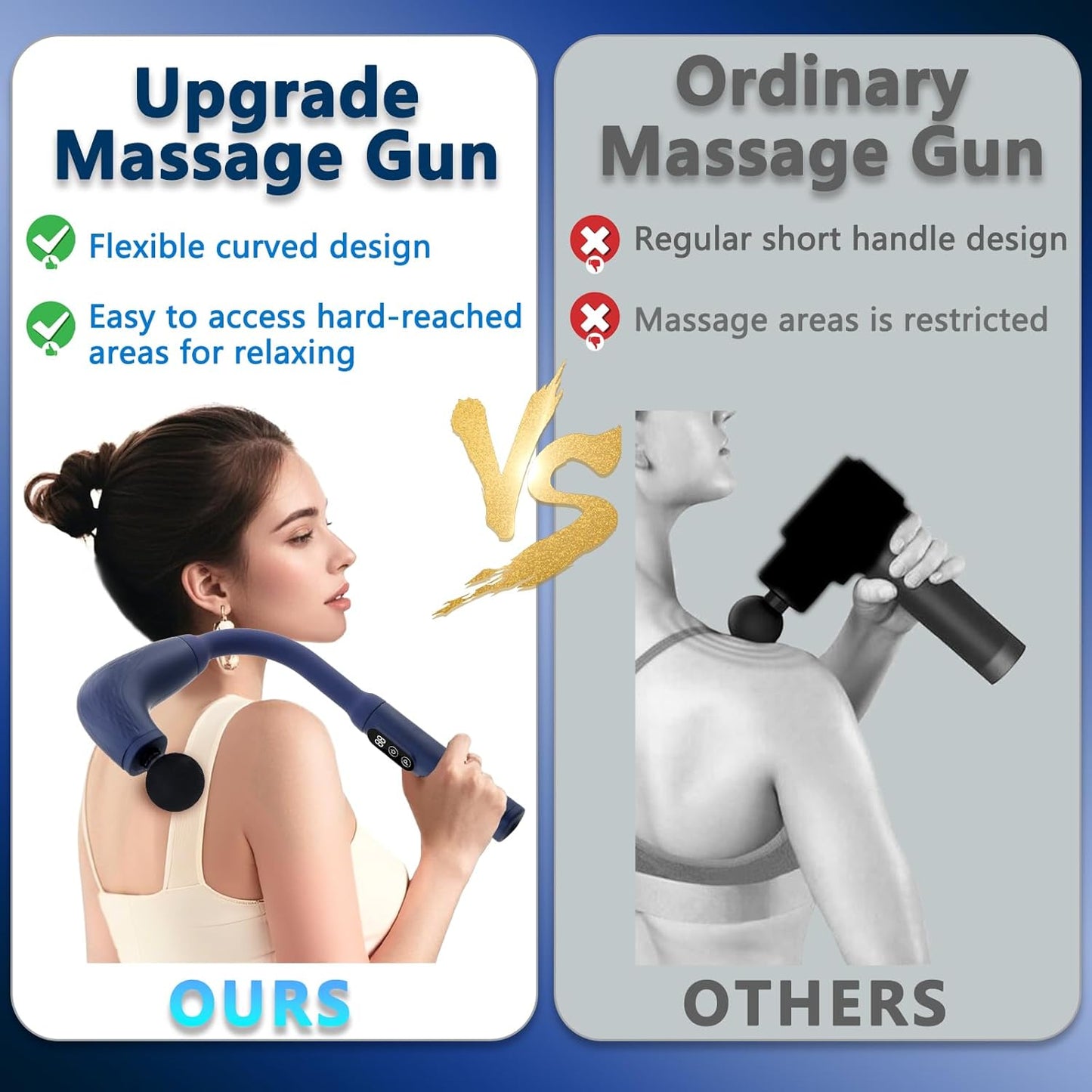 Massage Gun with Upgraded Extension Handle, Back Massager for Pain Relief Deep Tissue, Muscles/Neck/Shoulders/Waist/Legs Massager with 4 Massage Heads & 6 Speed Levels & 3 Massage Modes, Blue