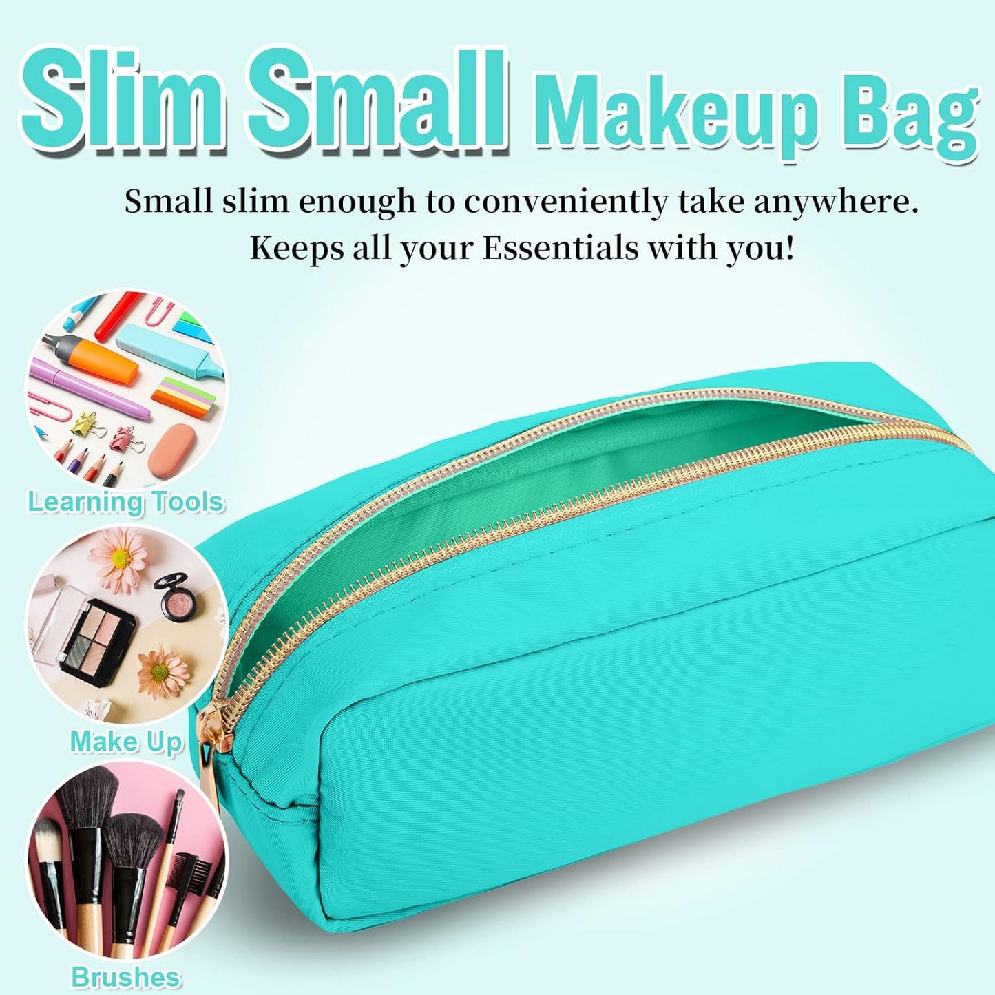 izuzta Nylon Small Makeup Bag Slim Pouch, Preppy Cute Makeup Brush Case Bag Cosmetic Zipper Pouch for Purse, Waterproof Travel Toiletry Bag Clutch Coin Pouch Makeup Organizer for Women Girls(Mint)