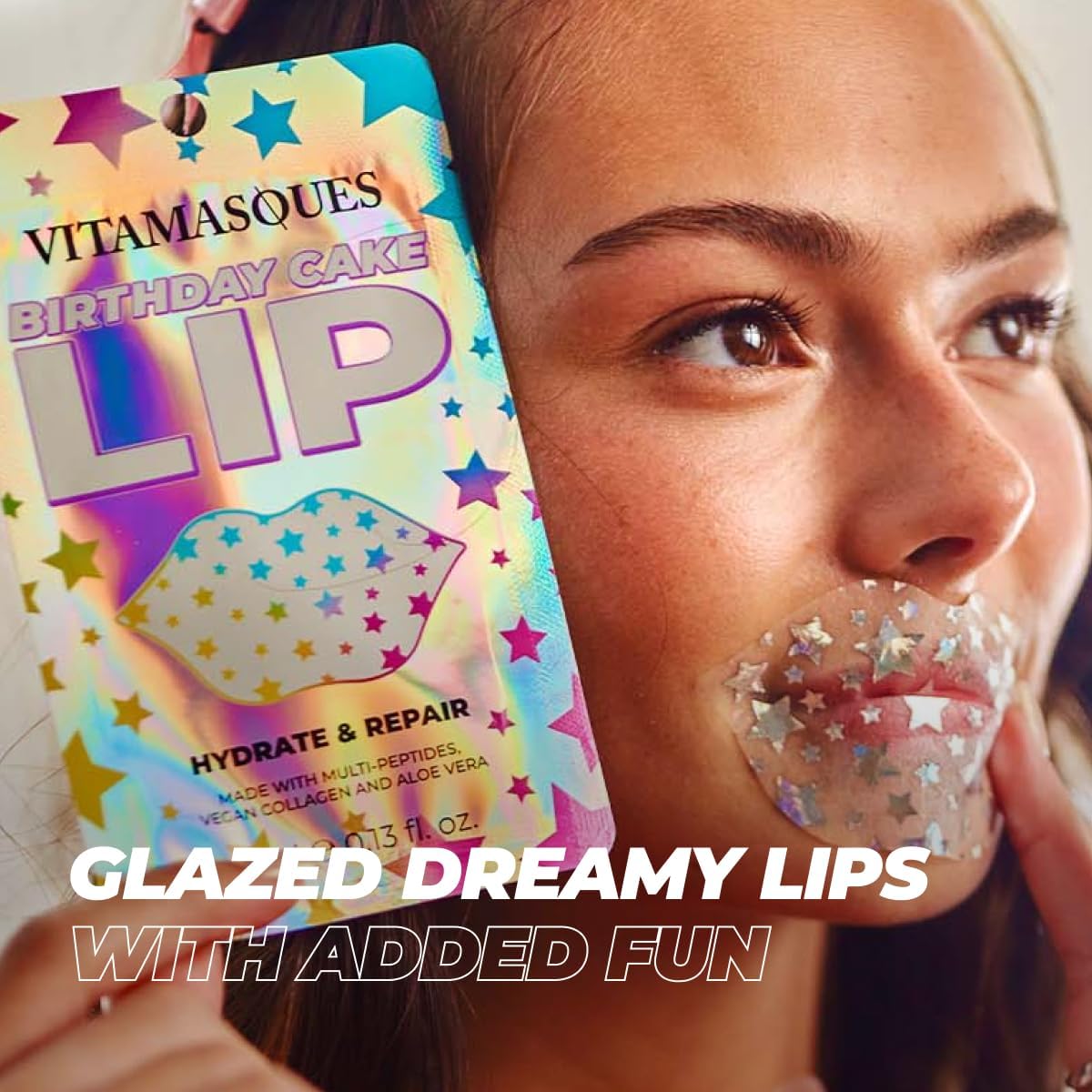 Vitamasques Lip Mask, 3-Pack -Birthday Cake Collagen Lip Mask Sheets, Repair for Dry & Chapped Lips - Nourishing & Hydrating - Vegan & Cruelty-Free Korean Skin Care