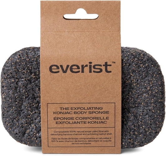 Everist The Exfoliating Konjac Body Sponge, Natural, Reusable, Compostable Bath Sponge for Sensitive Skin, Charcoal Cleansing, 60+ Uses, 1 Each