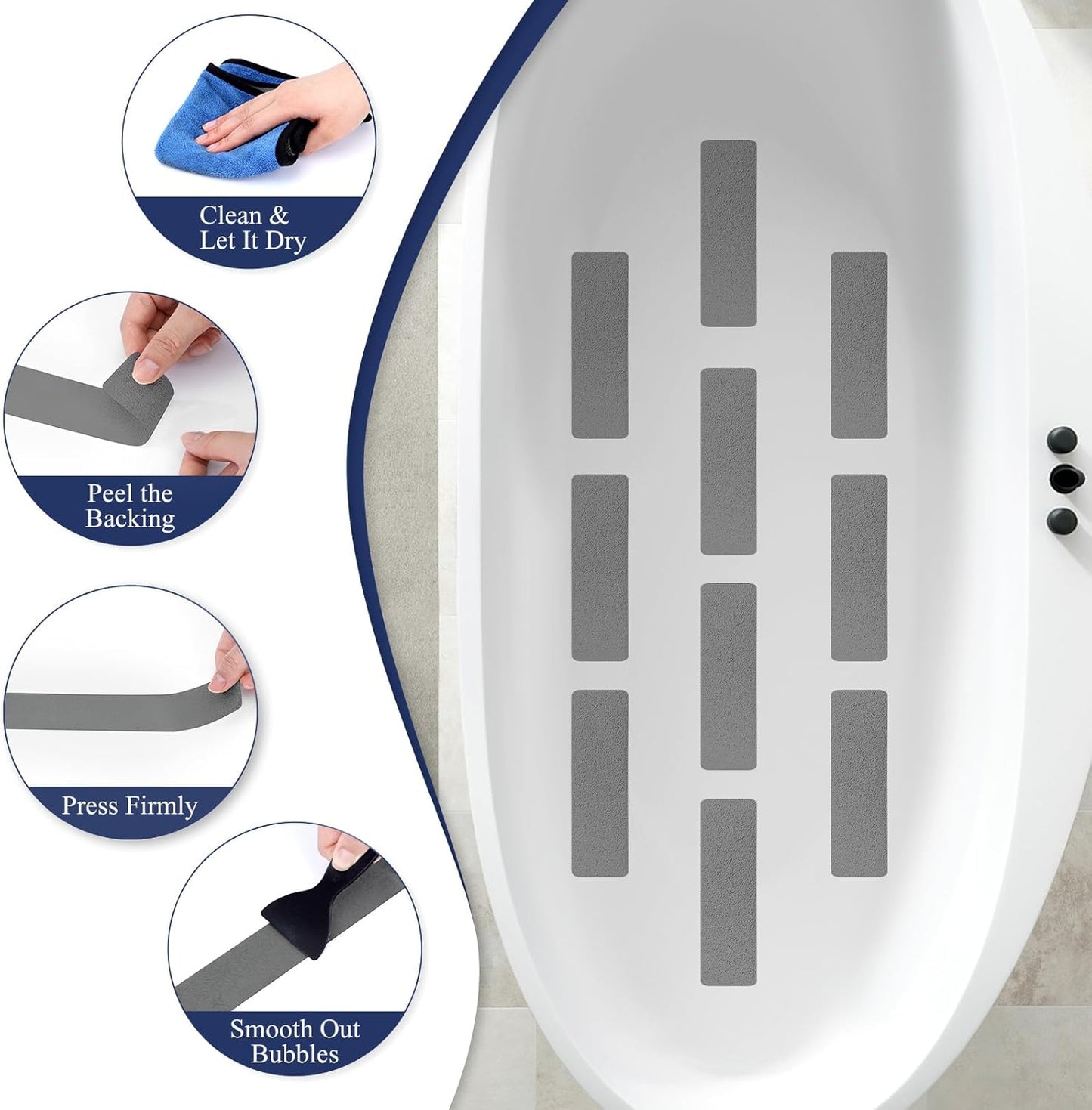 28 PCS Shower Floor Non Slip Stickers with Strong Adhesive, Invisible & Durable Anti Slip Shower Stickers with Scraper for Bath Tub, Pools and Stairs(Grey,Wide Rectangle)