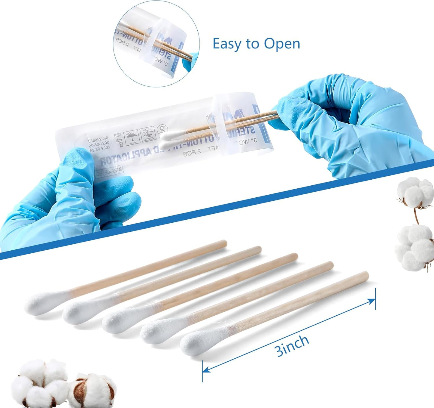 JMU Sterile Cotton Tipped Applicators 3", 200 Count Sterile Cotton Swabs, Wood Shaft Medical Swabs