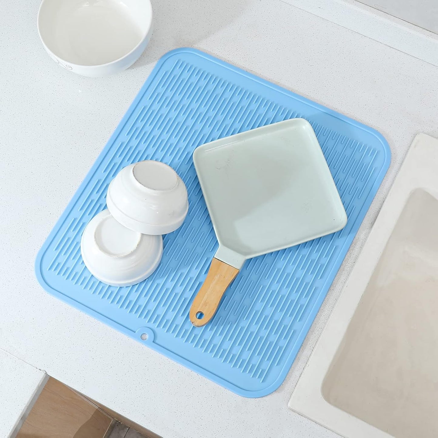 Silicone Dish Drying Mat for Multiple Usage,Easy clean,Eco-friendly,Heat-resistant Silicone Mat for Kitchen Counter or Sink,Refrigerator or Drawer Liner Light Blue XL 18 inches x 16 inches