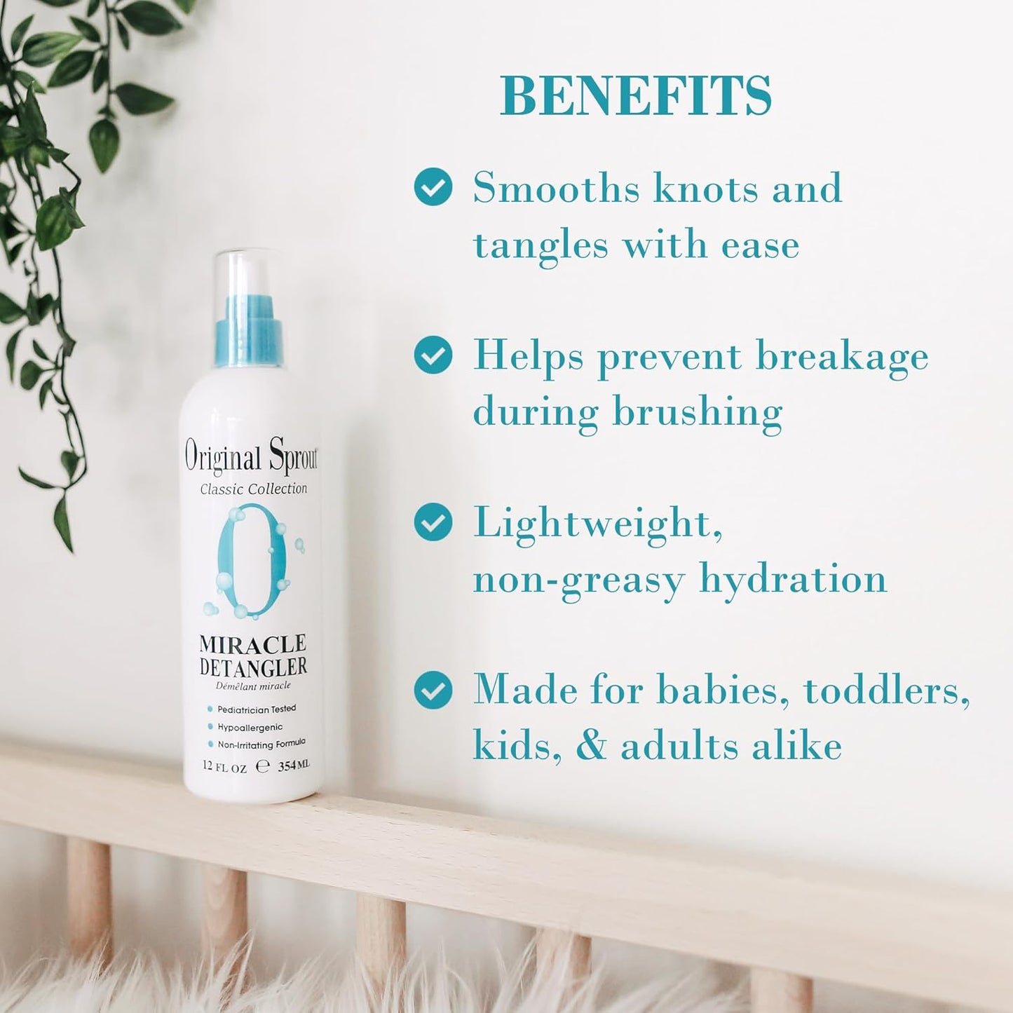 Original Sprout Miracle Detangler Spray, Lightweight Non-Greasy Leave-In Conditioner Spray for All Hair Types, Smooths, Softens & Detangles, Vegan, Cruelty-Free, Safe for Kids & Adults, 12 fl oz
