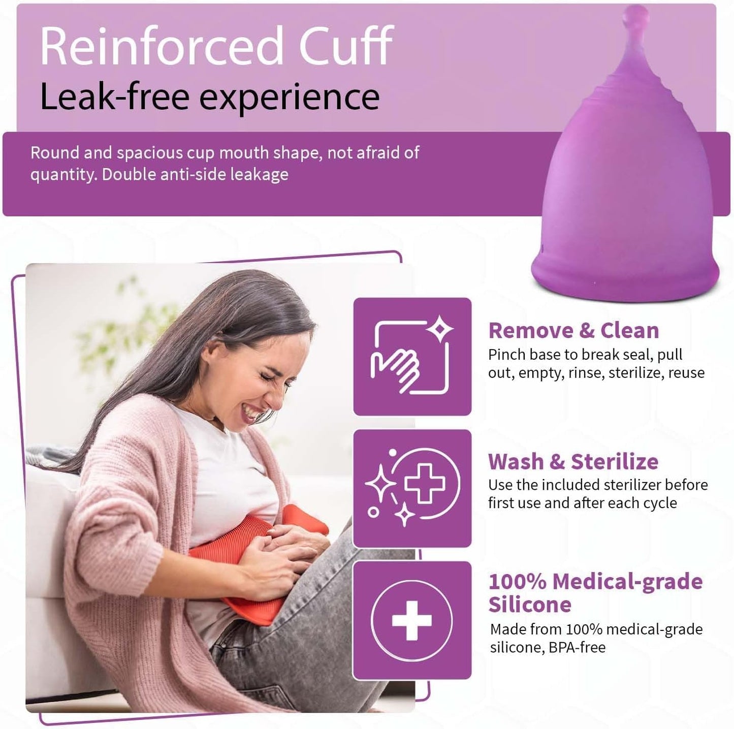 Angel's Peel Lounge Menstrual Cup for Women - 100% Medical-Grade Leak-Free Soft & Flexible Silicone Cup - 12 Hour Leak Protection Eco-Friendly & Reusable Period Cups for Women - Purple - Extra Small