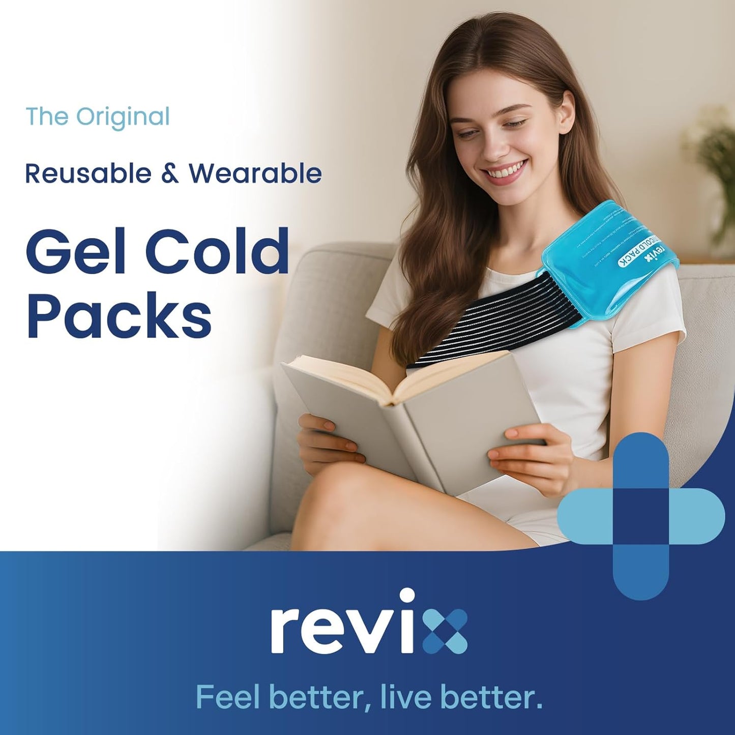 REVIX Ice Packs for Injuries Reusable, 2 Packs Hot & Cold Gel Ice Packs with PVC Cooling Design & Adjustable Strap, Flexible Therapy on Joints, Muscles, Shoulder, Back and Knee (10" x 5" Blue)