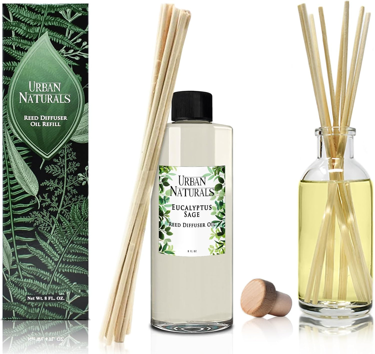Urban Naturals Reed Diffuser Oil Refill Eucalyptus Sage with Mint, Lime, Cedarwood 8 oz + Free Reed Sticks, Made in The USA