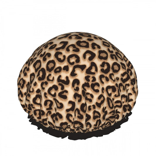 Leopard Double Layer Waterproof Shower Cap for Women Reusable Fashion Bath Cap for All Long Hair Lengths Soft Bath Shower Hat