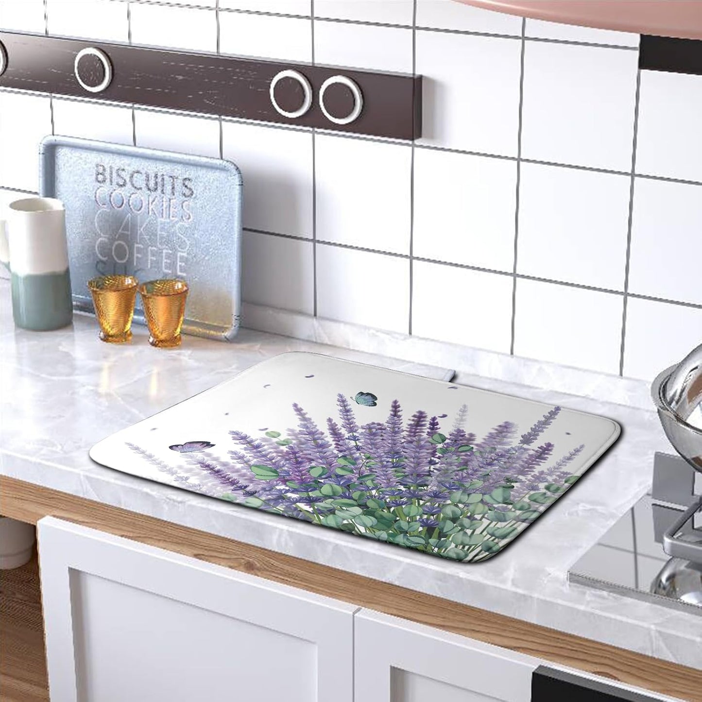Purple Lavender Dish Drying Mat for Kitchen Counter Spring Summer Floral Microfiber Dish Drainer Mats Green Leaves Butterfly Absorbent Reversible Dish Drainer Rack Mat 16x18 Inch
