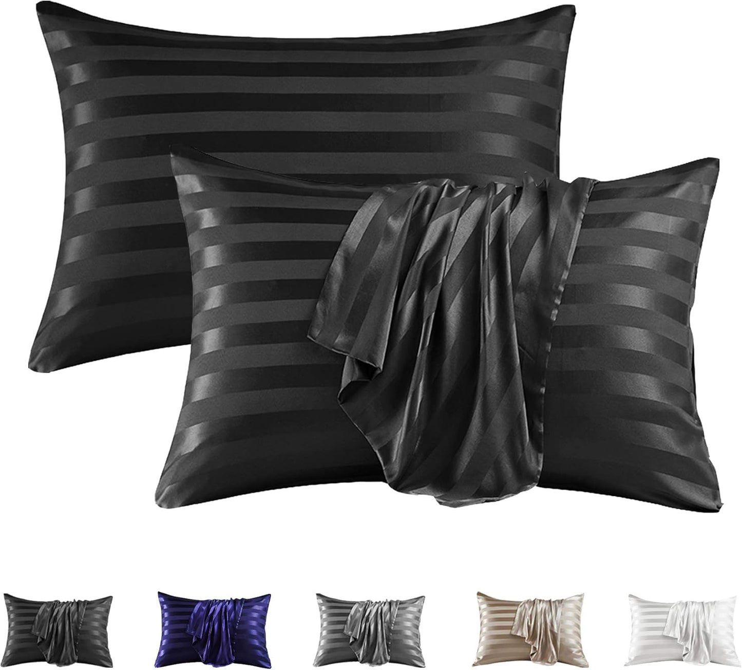 MR&HM Satin Pillowcase for Hair and Skin, Silk Satin Pillowcase 2 Pack, King Size Pillow Cases Set of 2, Silky Pillow Cover with Envelope Closure (20x40, Black Striped)