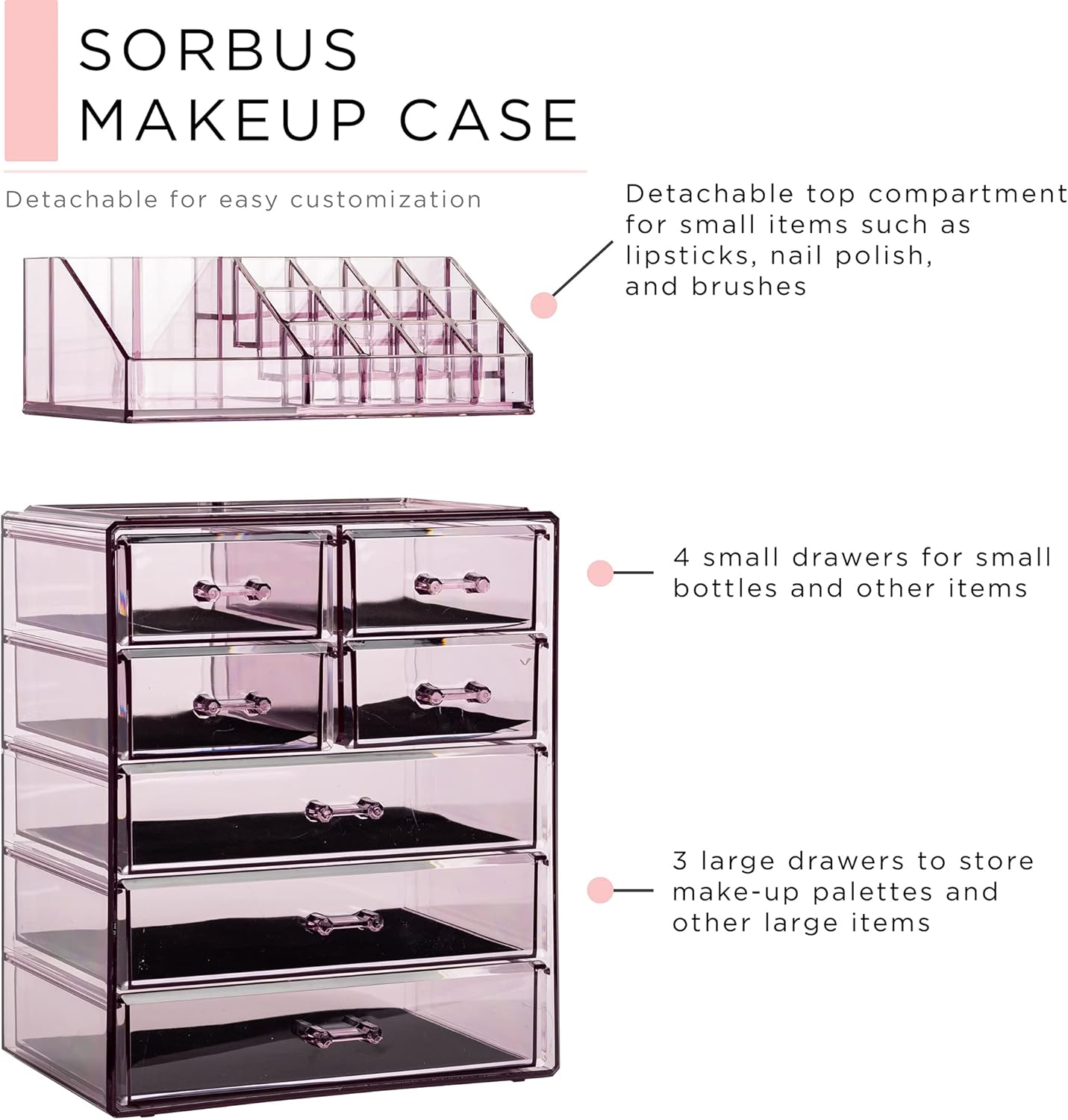 Sorbus Clear Cosmetic Makeup Organizer - Make Up & Jewelry Storage, Case & Display - Spacious Design - Great Holder for Dresser, Bathroom, Vanity & Countertop (3 Large, 4 Small Drawers) [Purple]