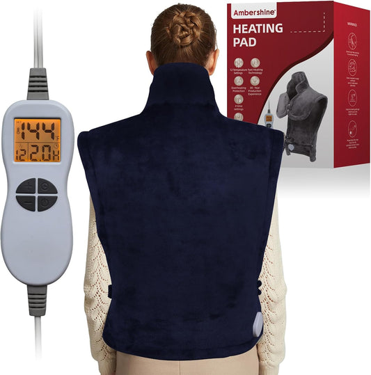 Ambershine 26"x35" XXXL King Size Neck& Shoulder& Back Heating Pad with 12 Temperature Settings& 4 Auto-Off Countdown Timers, Pain Relief for Back/Neck/Shoulder, Christmas Gift for mom dad(Navy Blue)